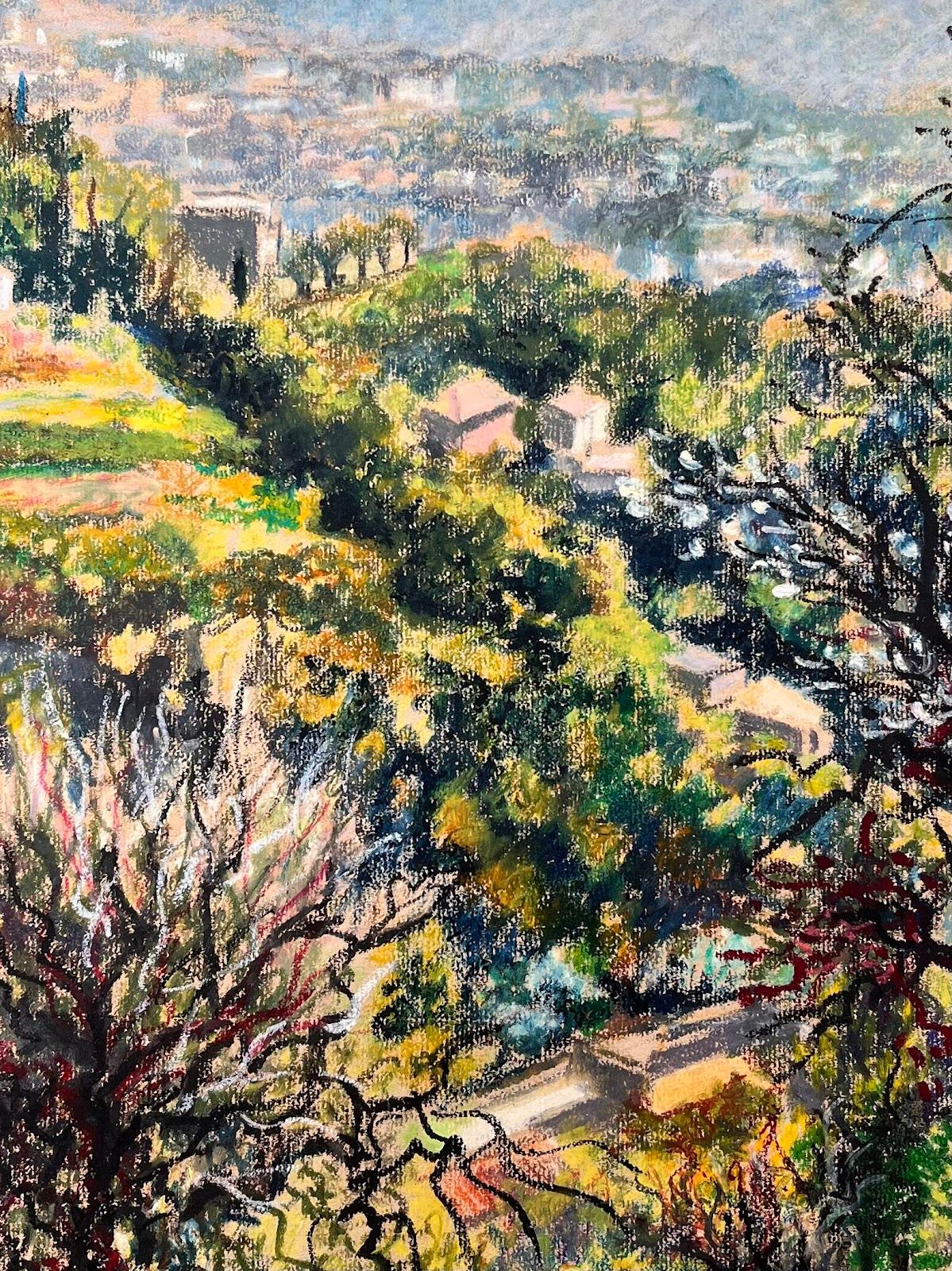 Pintura al pastel original francesa de mediados de siglo sobre un vibrante paisaje urbano de ladera en venta 1