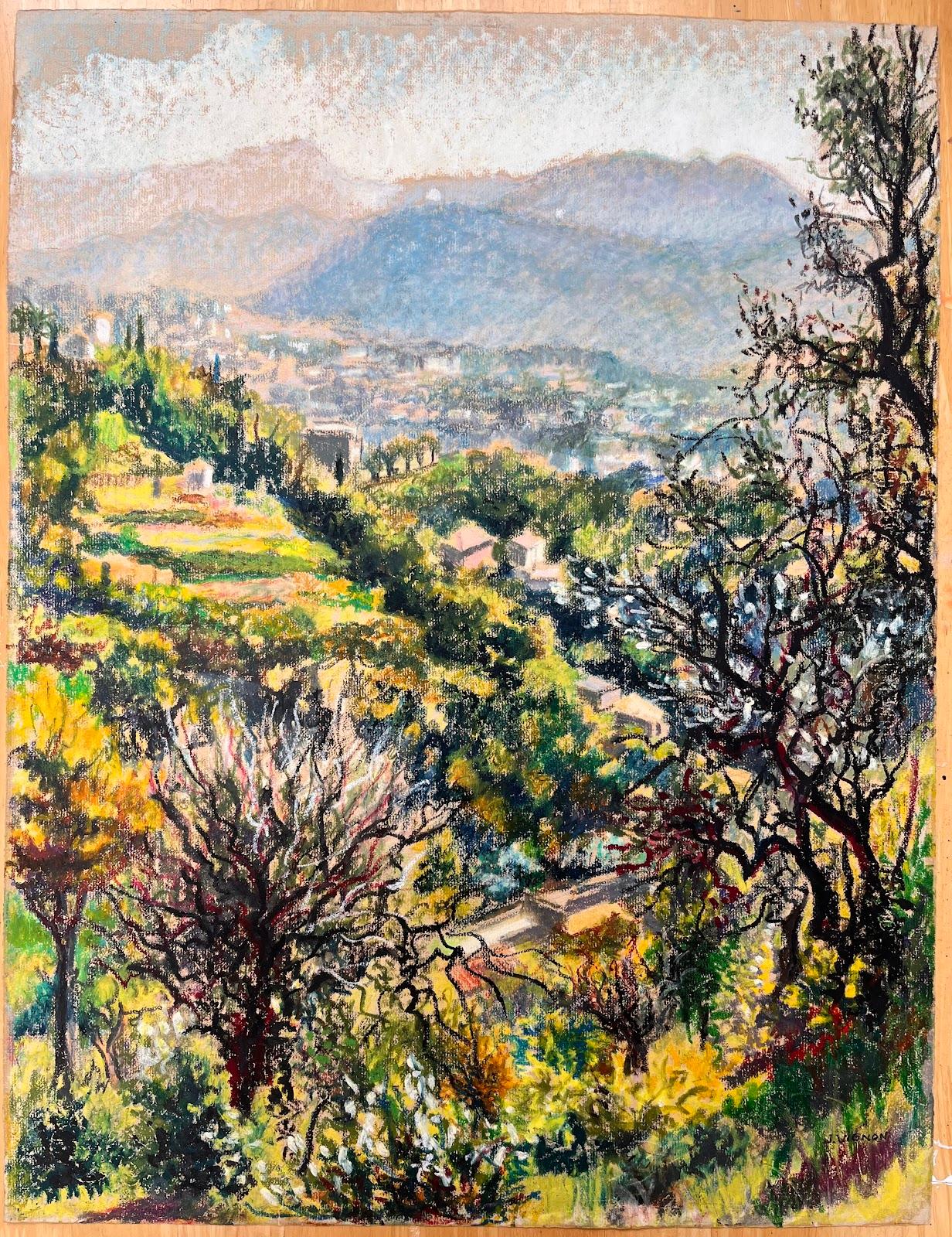 Mid Century French Original Pastel Painting of a Vibrant Hillside Cityscape