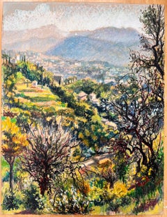 Mid Century French Original Pastel Painting of a Vibrant Hillside Cityscape