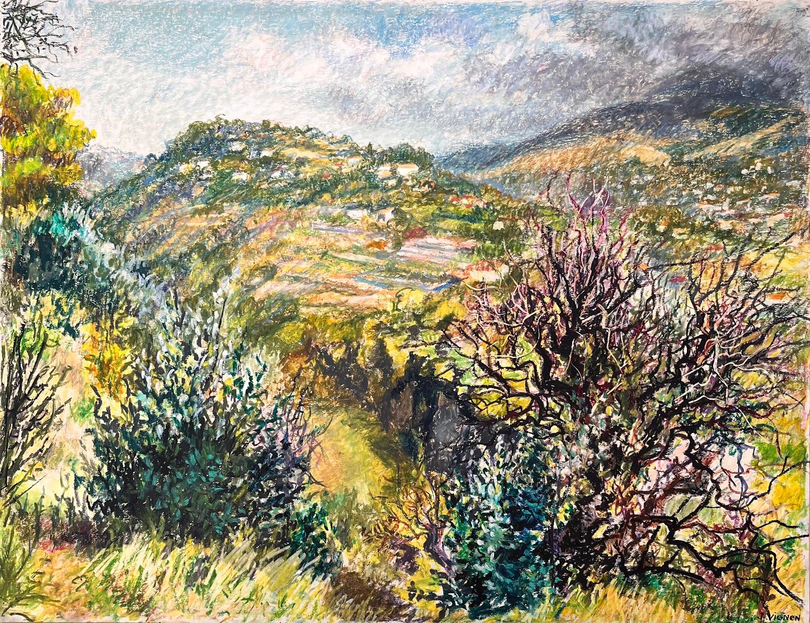 Pintura al pastel original francesa de mediados de siglo sobre un vibrante paisaje de ladera - Painting de Josine Vignon