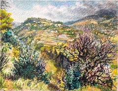 Mid Century French Original Pastel Painting of a Vibrant Hillside Landscape