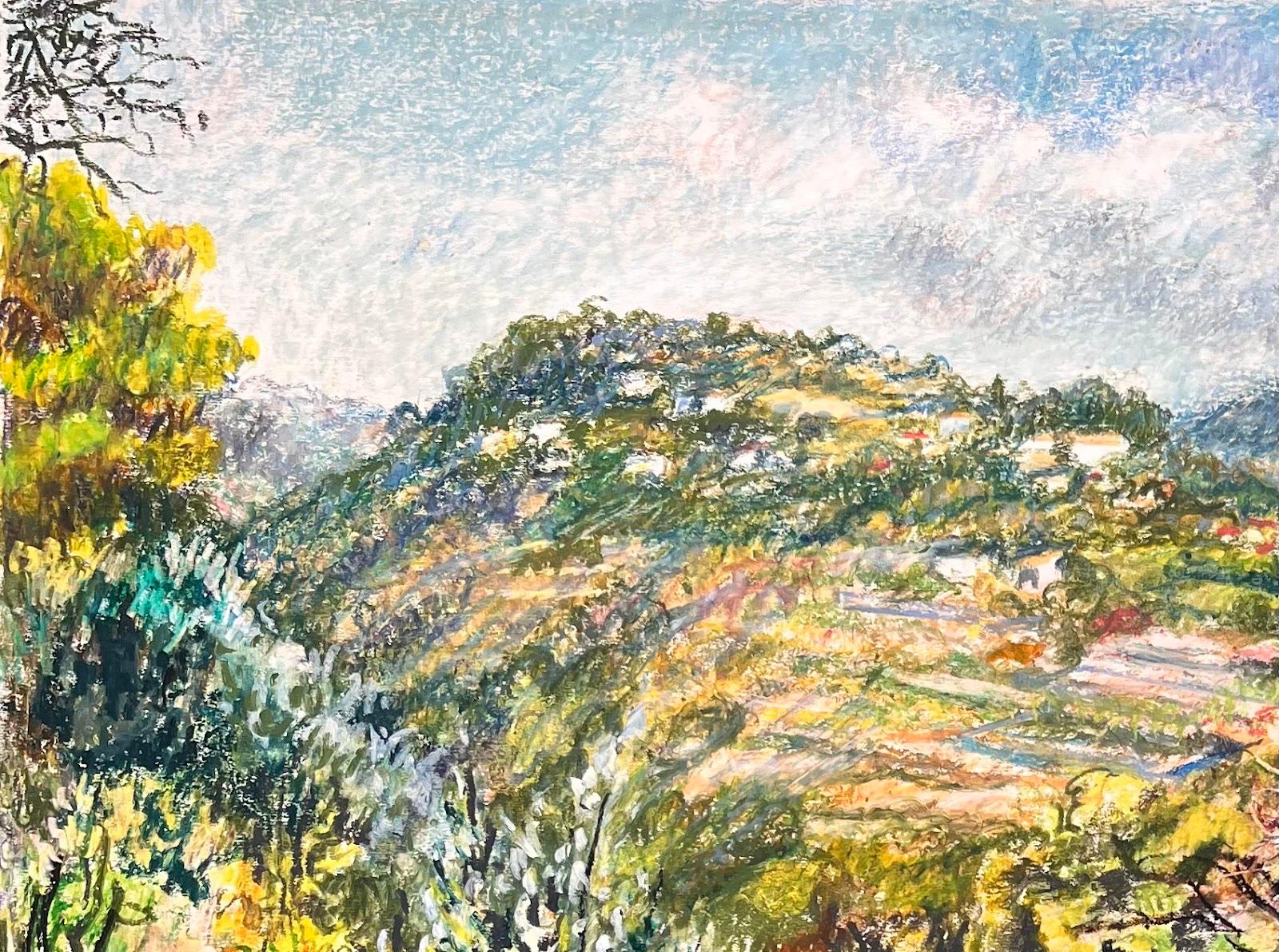 Pintura al pastel original francesa de mediados de siglo sobre un vibrante paisaje de ladera - Painting Impresionista de Josine Vignon