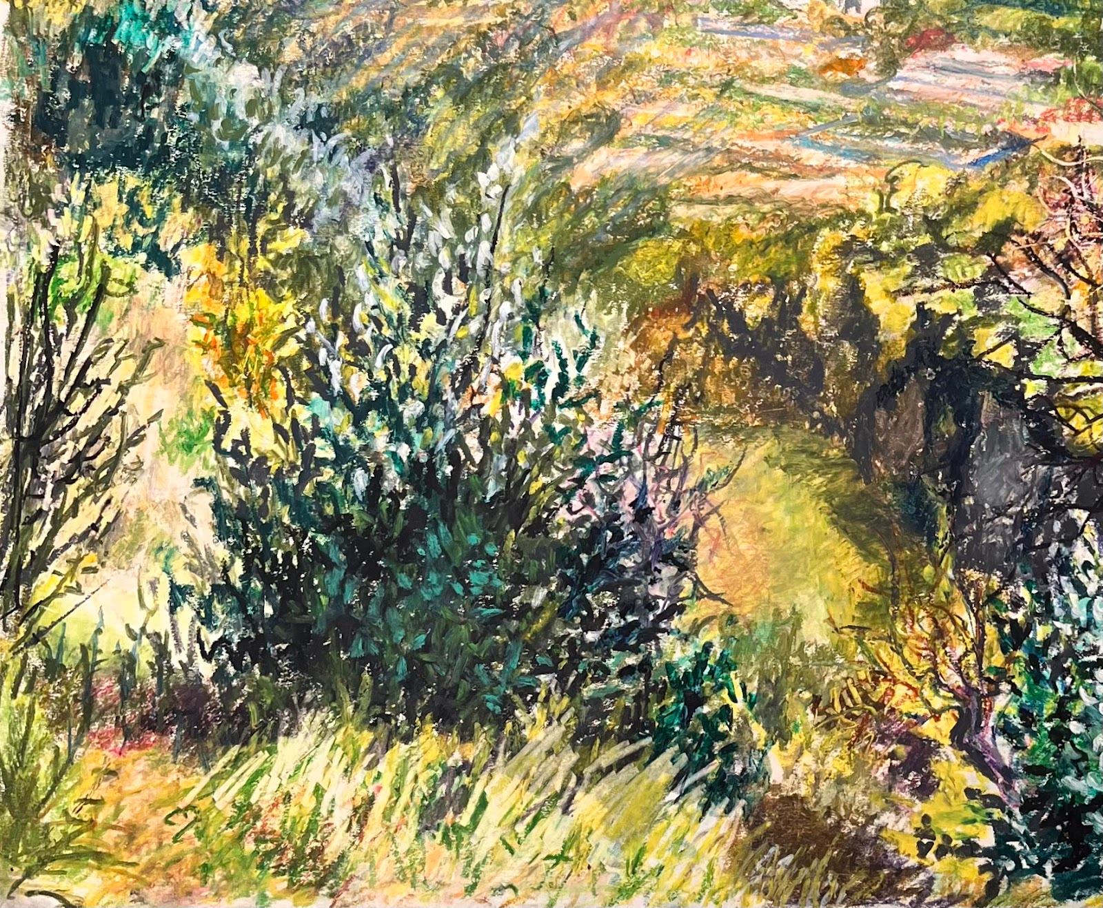 Pintura al pastel original francesa de mediados de siglo sobre un vibrante paisaje de ladera - Landscape Painting Marrón de Josine Vignon