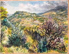 Mid Century Französisch Original Pastell Gemälde eines lebendigen Hillside Landschaft