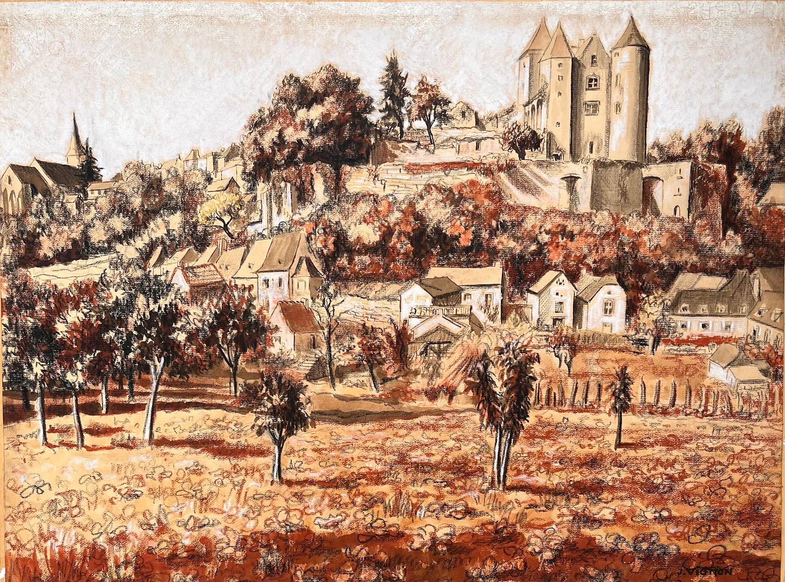 Mid Century French Original Pastel Painting of a Village with a Castle - Beige Landscape Painting by Josine Vignon