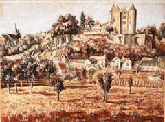 Pittura originale a pastello di metà secolo francese raffigurante un villaggio con castello
