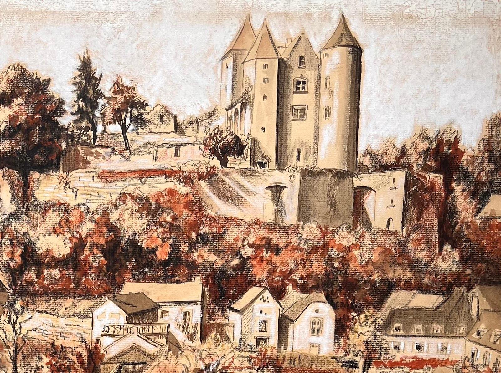 Mid Century French Original Pastel Painting of a Village with a Castle For Sale 1