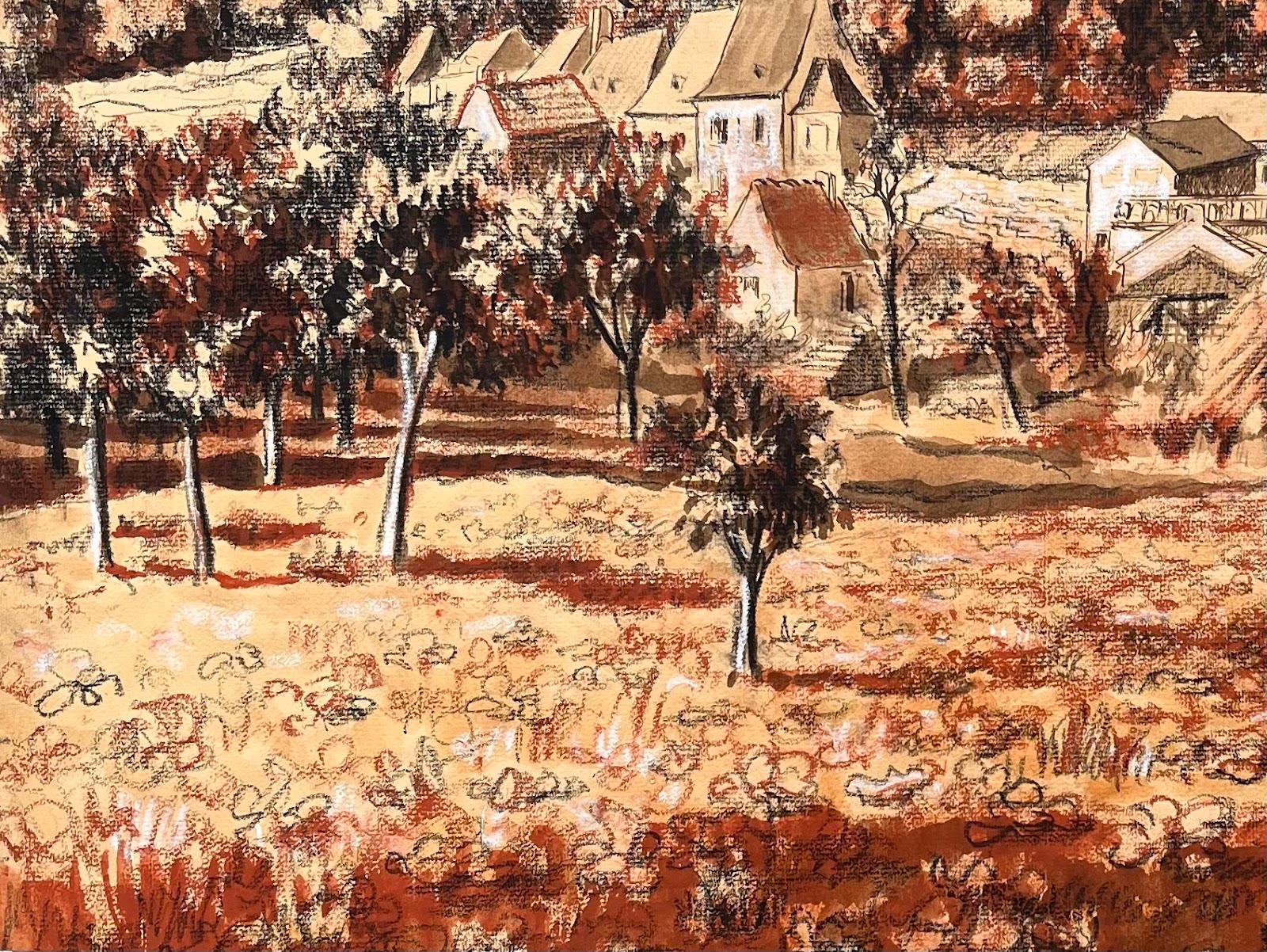 Mid Century French Original Pastel Painting of a Village with a Castle For Sale 2