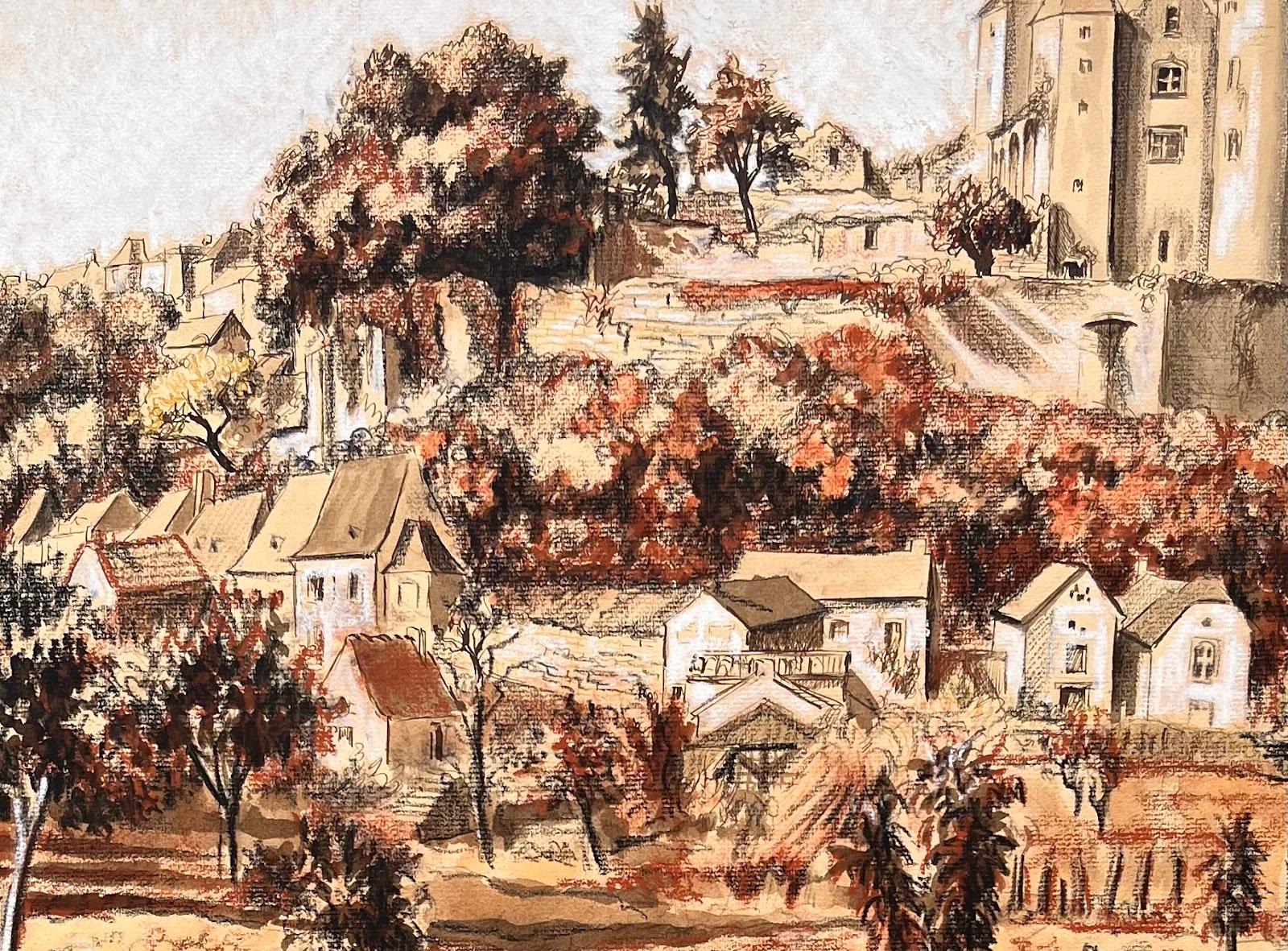 Mid Century French Original Pastel Painting of a Village with a Castle For Sale 3