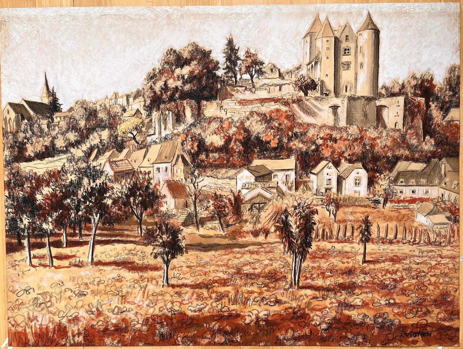 Pintura al pastel original francesa de mediados de siglo de un pueblo con un castillo