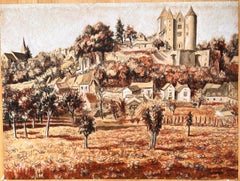 Französisches Original pastellfarbenes Originalgemälde eines Dorfes mit Schloss, Mitte des Jahrhunderts