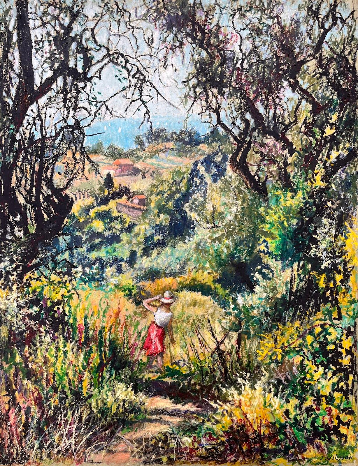 Josine Vignon Landscape Painting - Mid Century French Original Pastel Painting of a Woman in a Lush Landscape