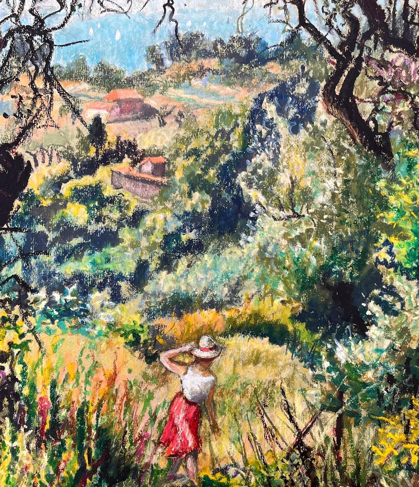 Mid Century French Original Pastel Painting of a Woman in a Lush Landscape For Sale 1