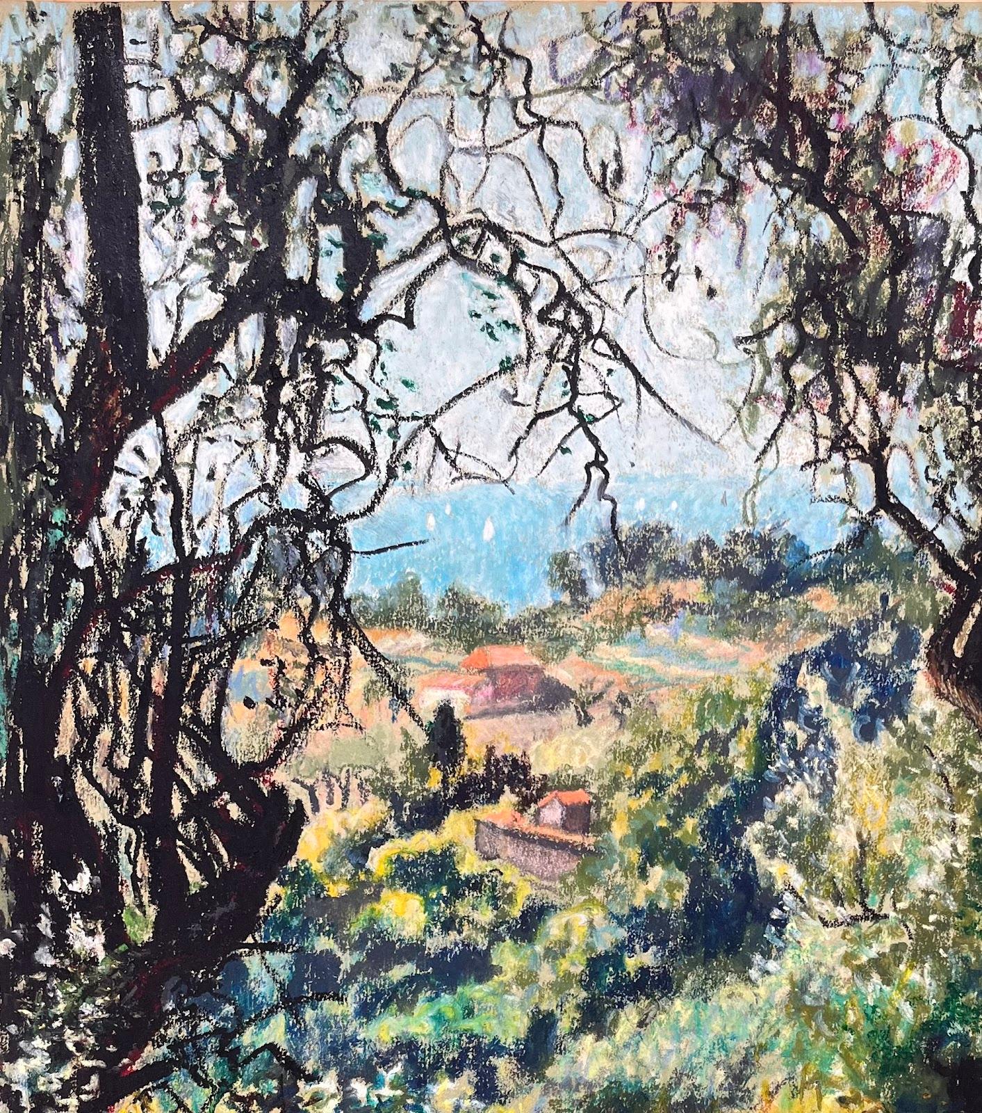 Mid Century French Original Pastel Painting of a Woman in a Lush Landscape For Sale 2