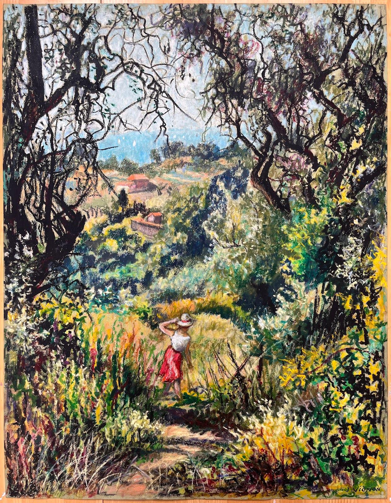 Mid Century French Original Pastel Painting of a Woman in a Lush Landscape - Black Landscape Painting by Josine Vignon