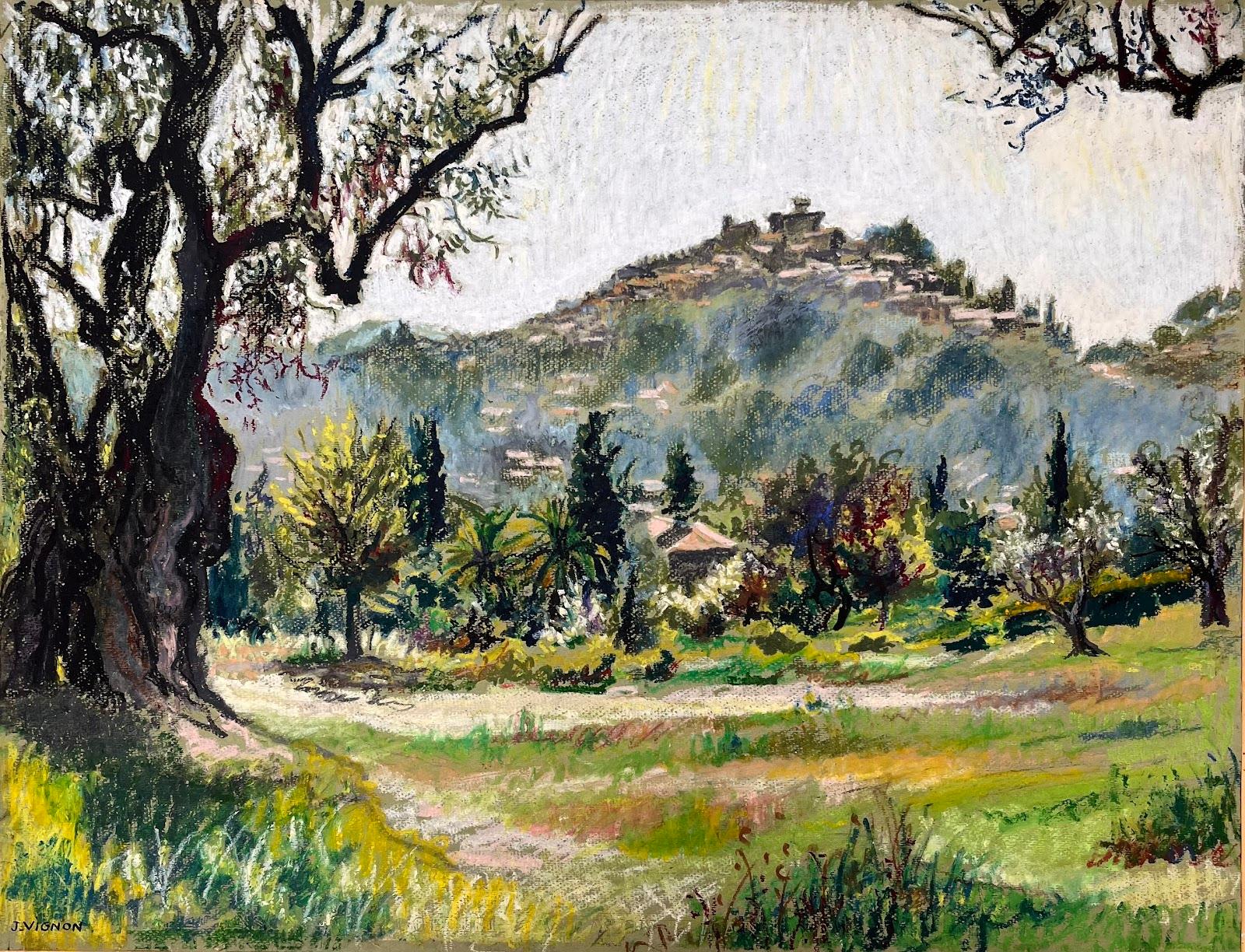 Mid Century Französisch Original Pastell Gemälde von Cagnes-sur-Mer – Painting von Josine Vignon