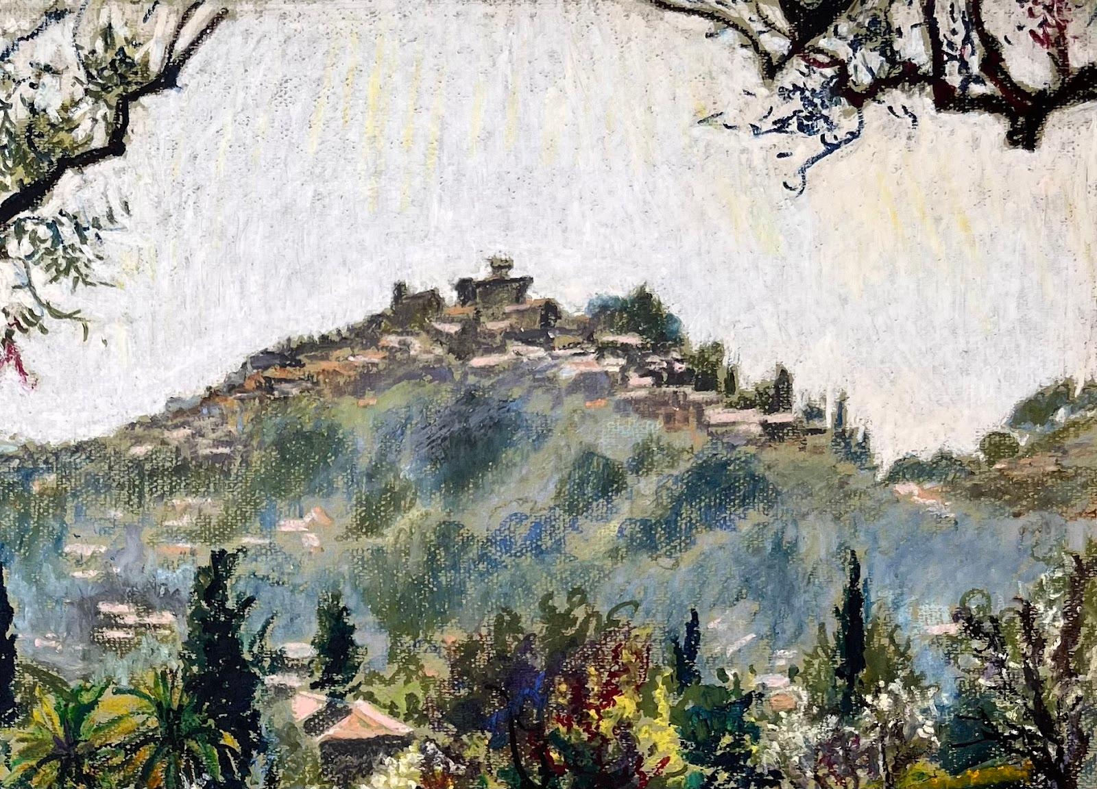 Mid Century Französisch Original Pastell Gemälde von Cagnes-sur-Mer (Braun), Landscape Painting, von Josine Vignon