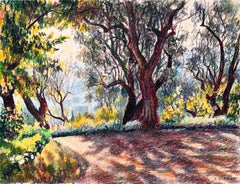Mid Century Französisch Original Pastell Gemälde von Renoir's Garden