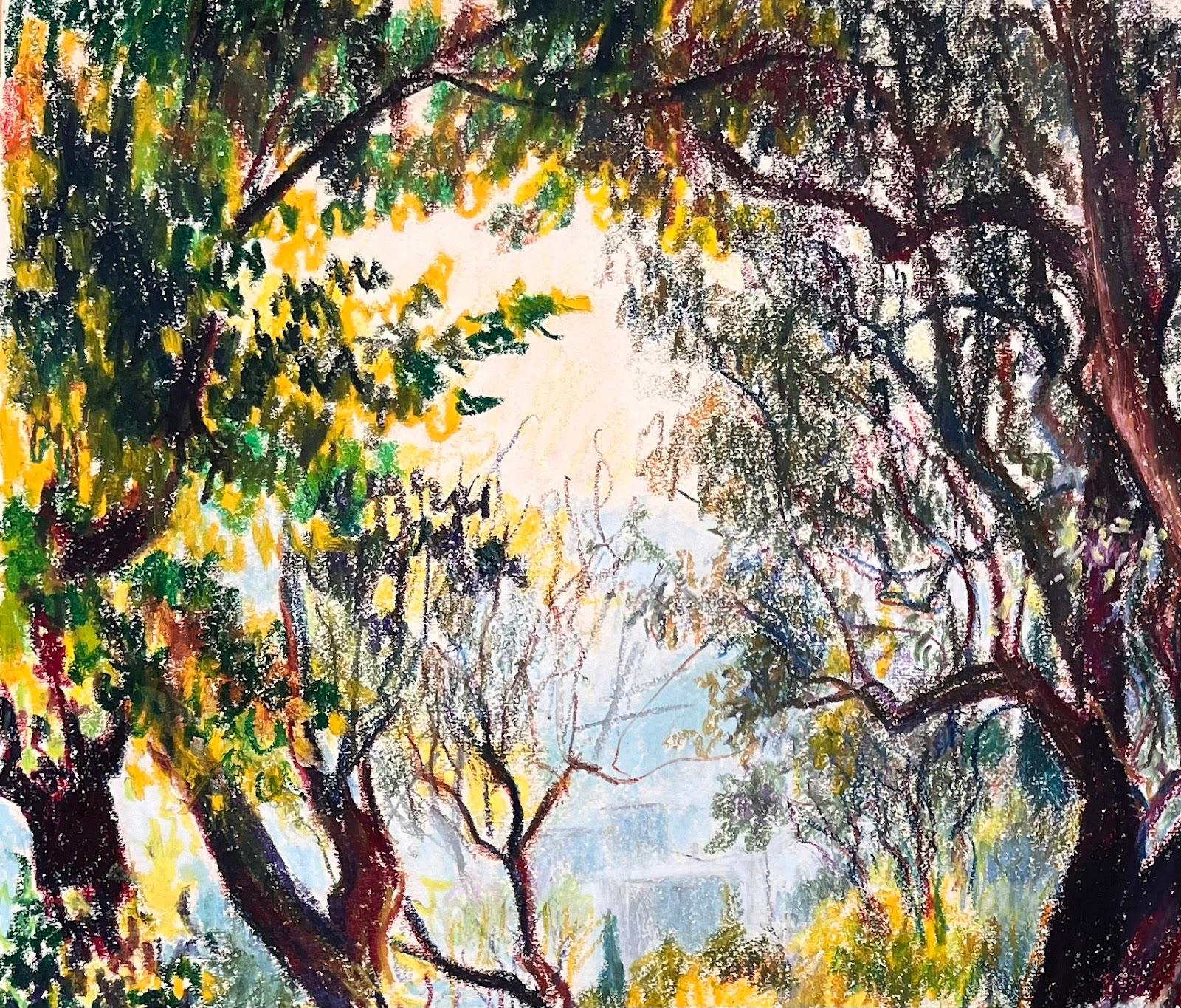 Pittura originale a pastello del giardino di Renoir, metà del secolo scorso, in Francia - Painting Impressionismo di Josine Vignon