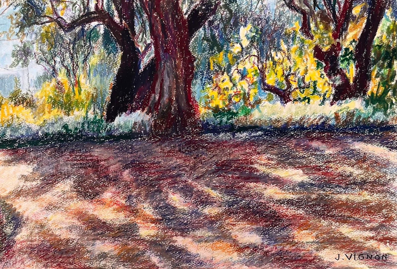 Pittura originale a pastello del giardino di Renoir, metà del secolo scorso, in Francia - Landscape Painting Marrone di Josine Vignon