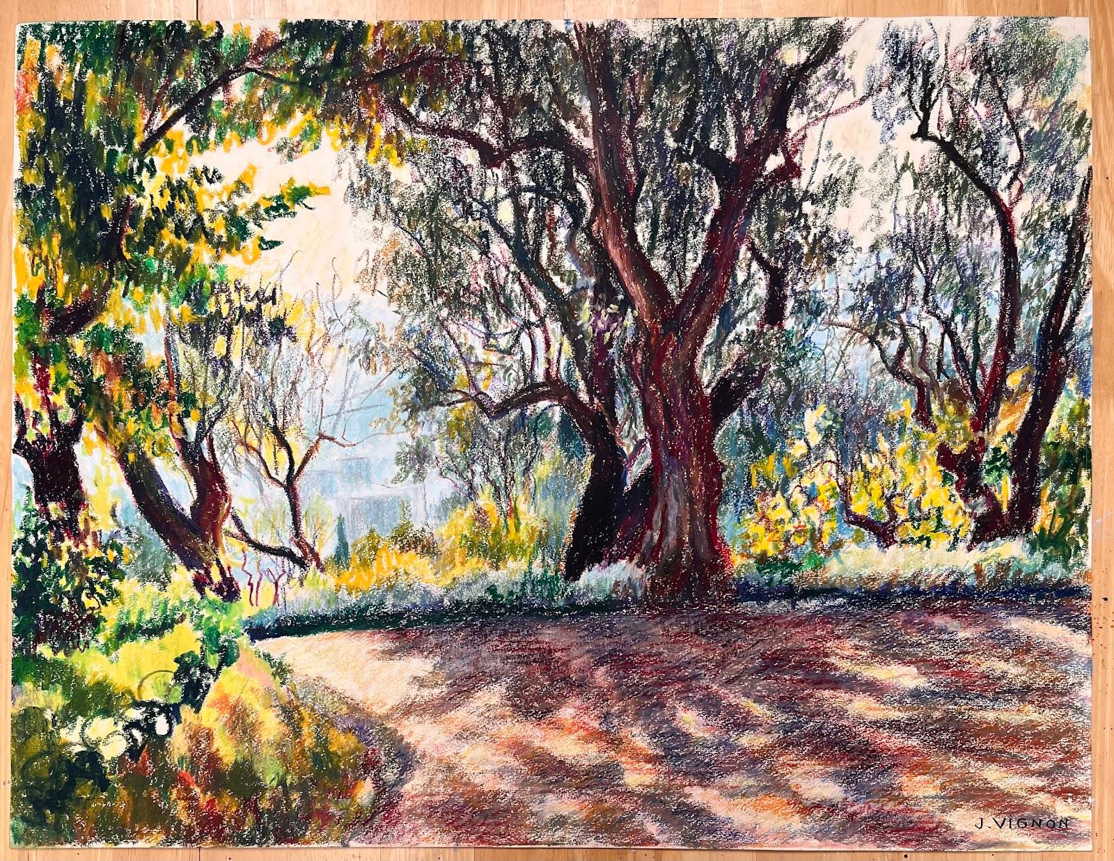 Pittura originale a pastello del giardino di Renoir, metà del secolo scorso, in Francia - Painting di Josine Vignon