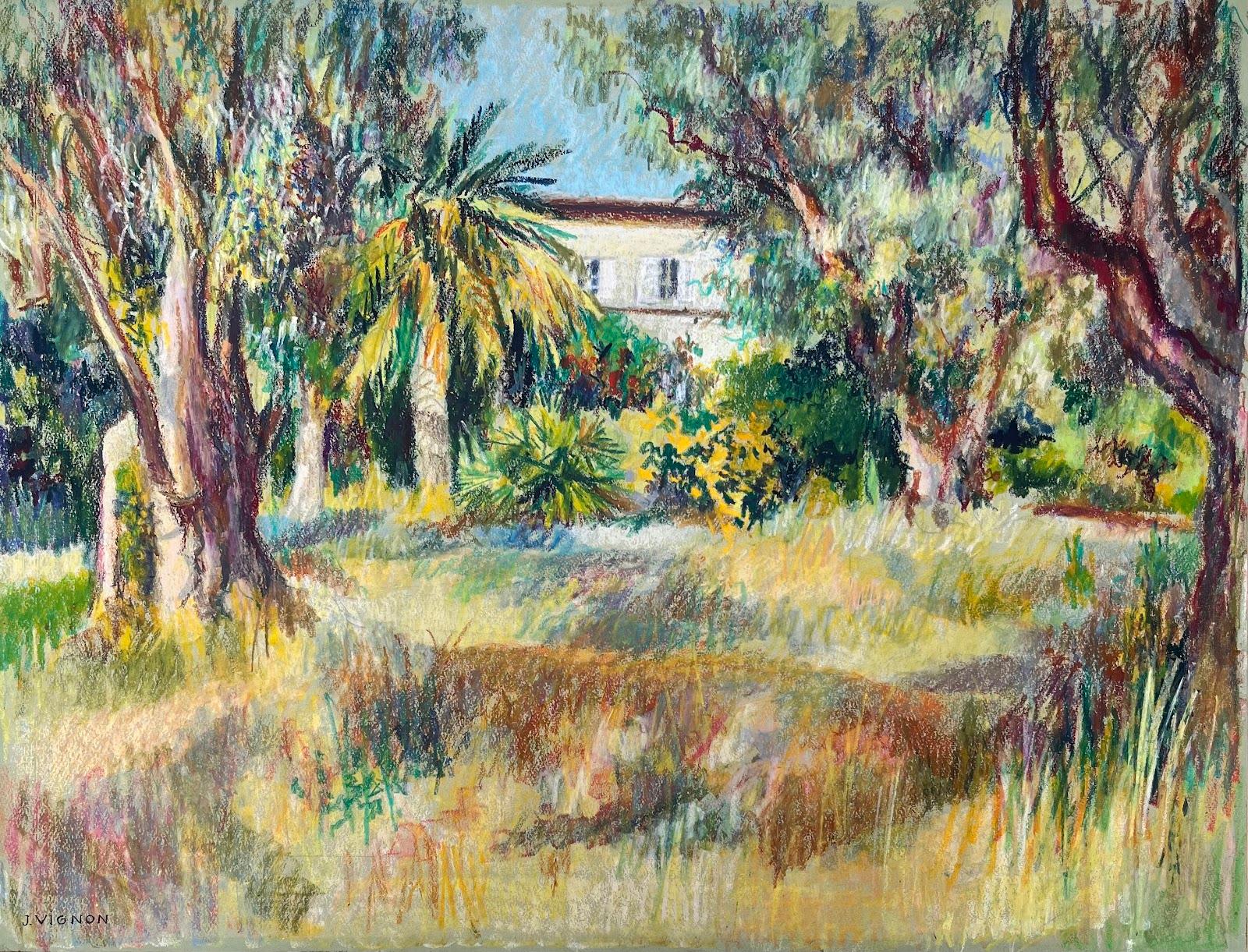Pittura originale a pastello della casa di Renoir a Cagnes-sur-Mer, metà secolo, in Francia - Painting di Josine Vignon