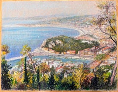 Mid Century Französisch Original Pastellmalerei Panoramablick auf Nizza