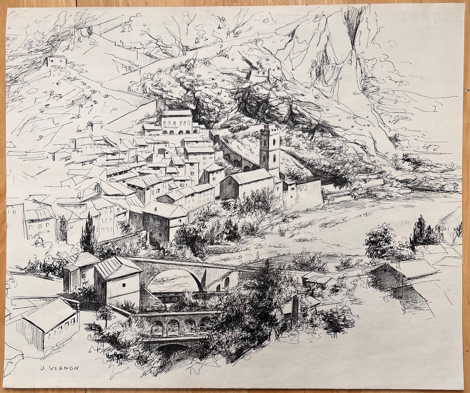 Dibujo a pluma original francés de mediados de siglo de una escena de pueblo de montaña