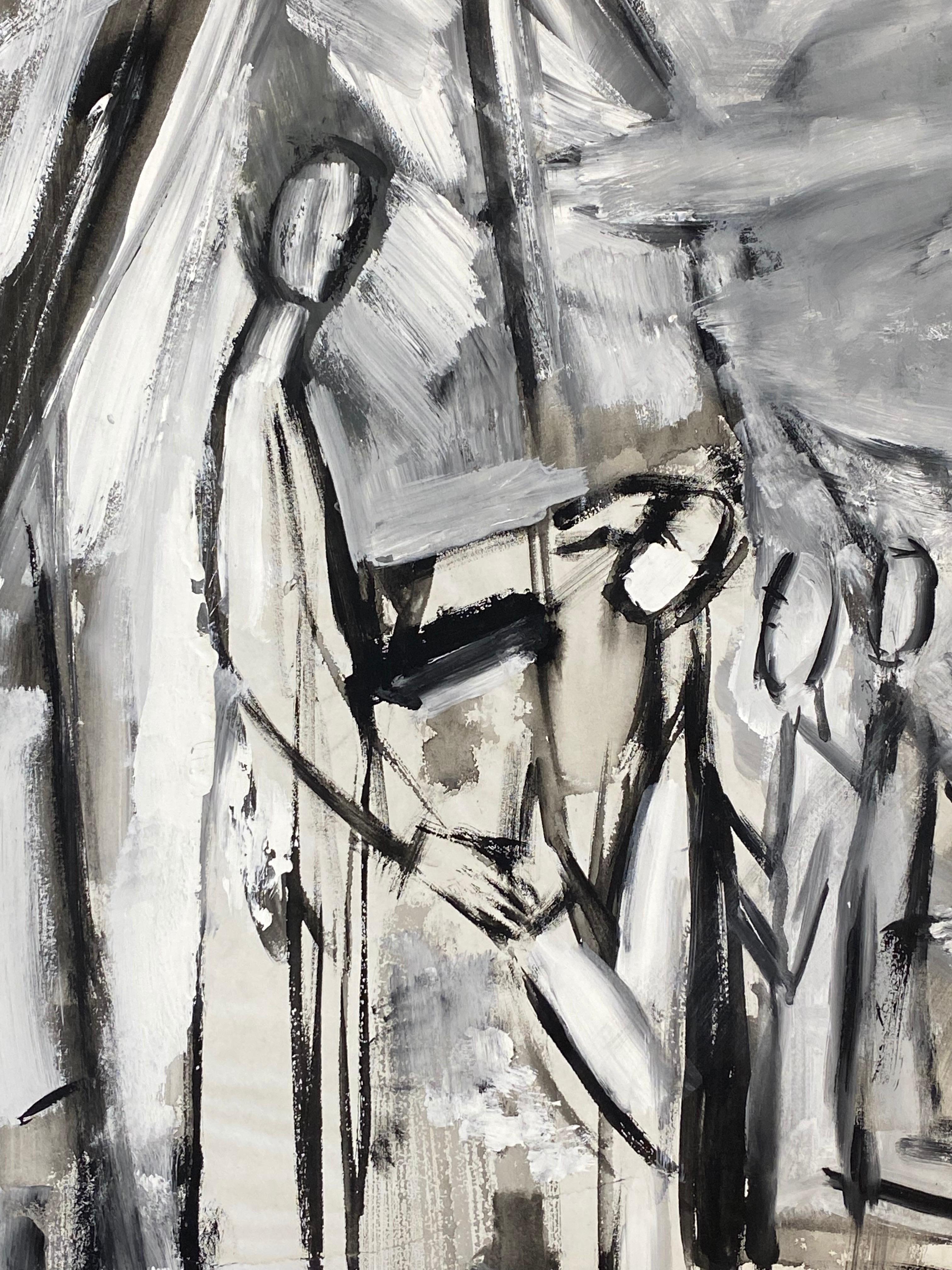 Mid Century French Post-Impressionist Painting, Black & White Figure Scene - Gray Figurative Painting by Unknown