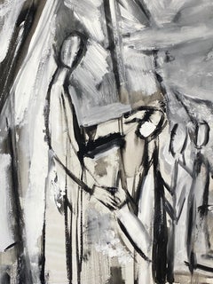 Mid Century French Post-Impressionist Painting, Schwarz-Weiß-Figur-Szene