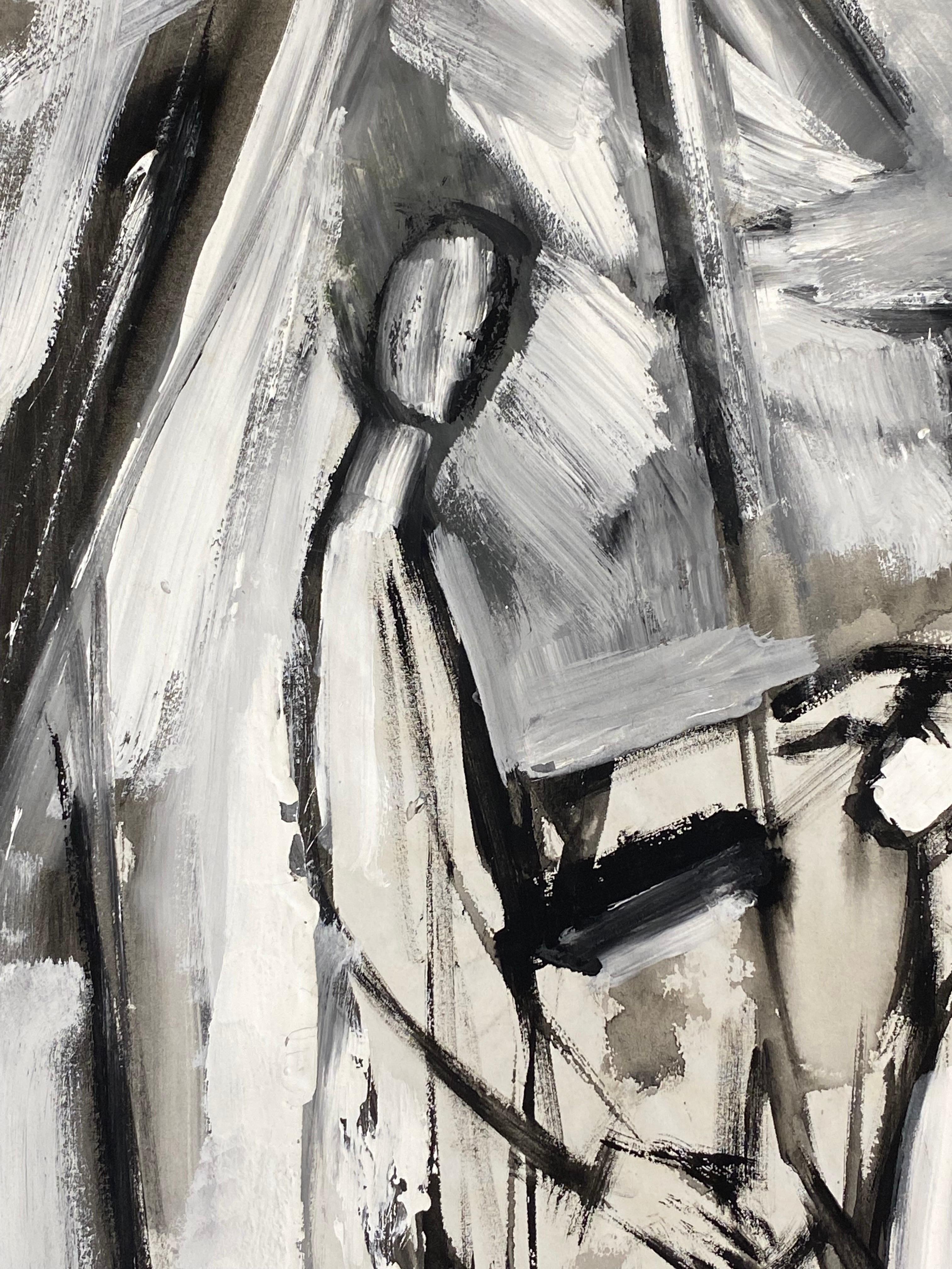 Mid Century French Post-Impressionist Painting, Black & White Figure Scene For Sale 4
