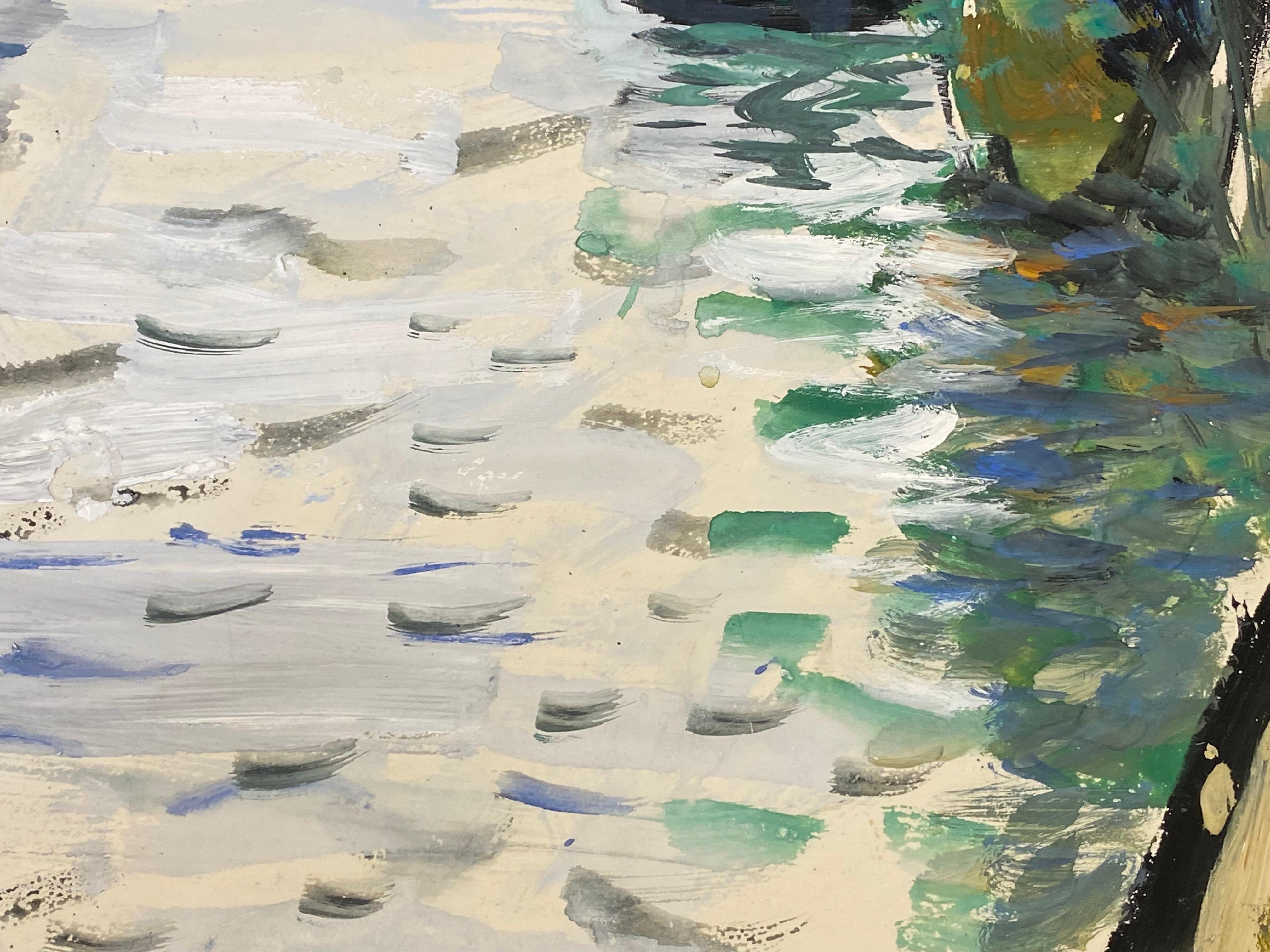 Französisches postimpressionistisches Gemälde aus der Mitte des Jahrhunderts, Brückenlandschaft (Grau), Landscape Painting, von Unknown