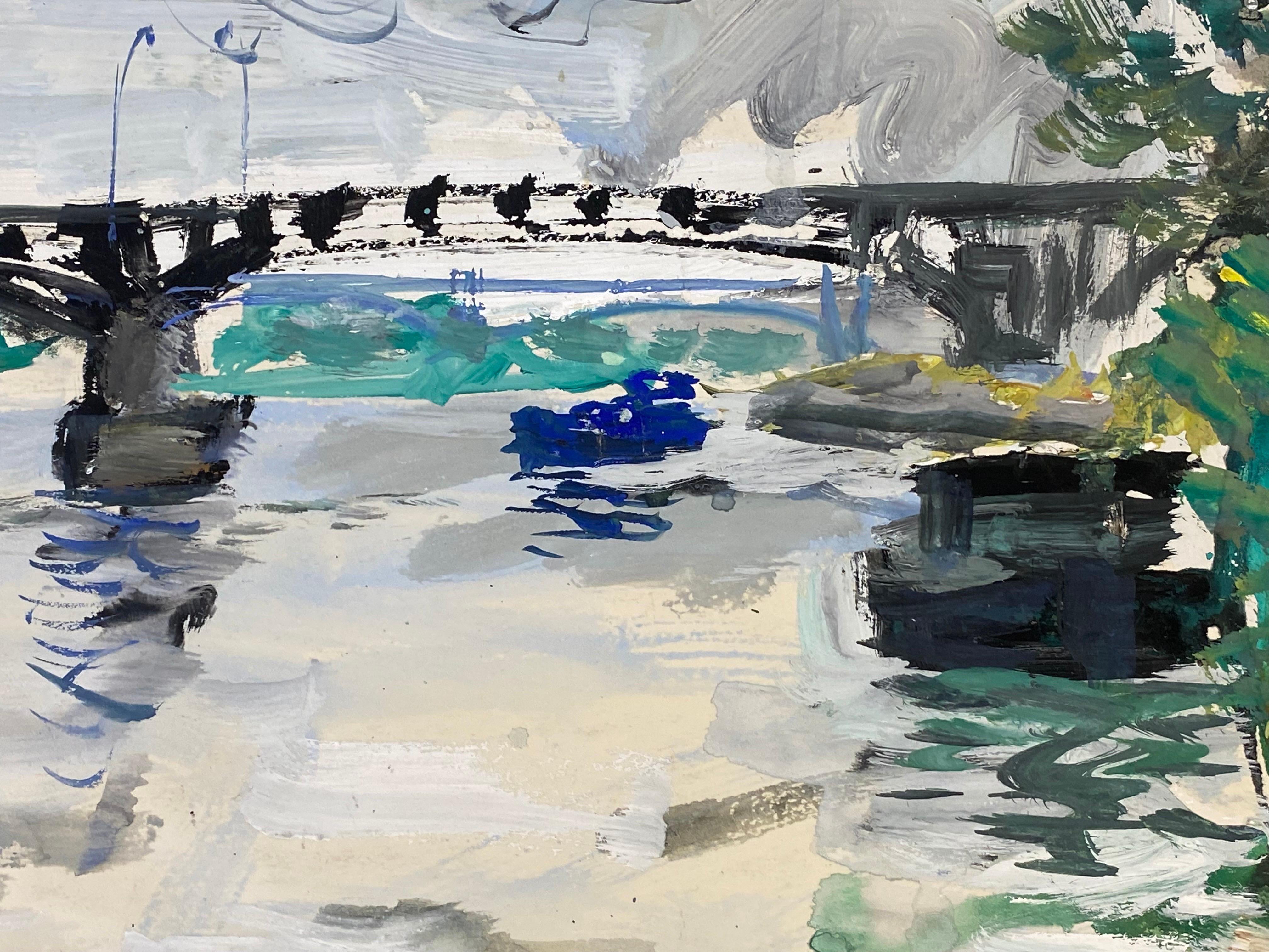 Französisches postimpressionistisches Gemälde aus der Mitte des Jahrhunderts, Brückenlandschaft im Angebot 3
