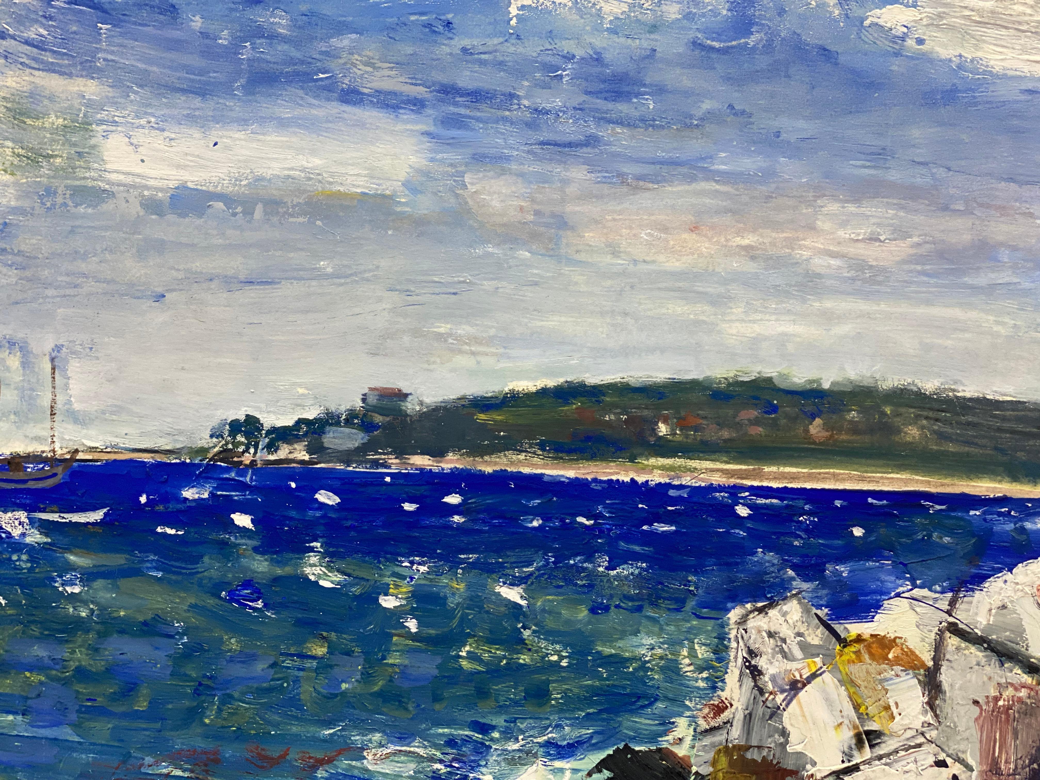 Französisches postimpressionistisches Gemälde aus der Mitte des Jahrhunderts, Französisches Meer über Felsen – Painting von Unknown