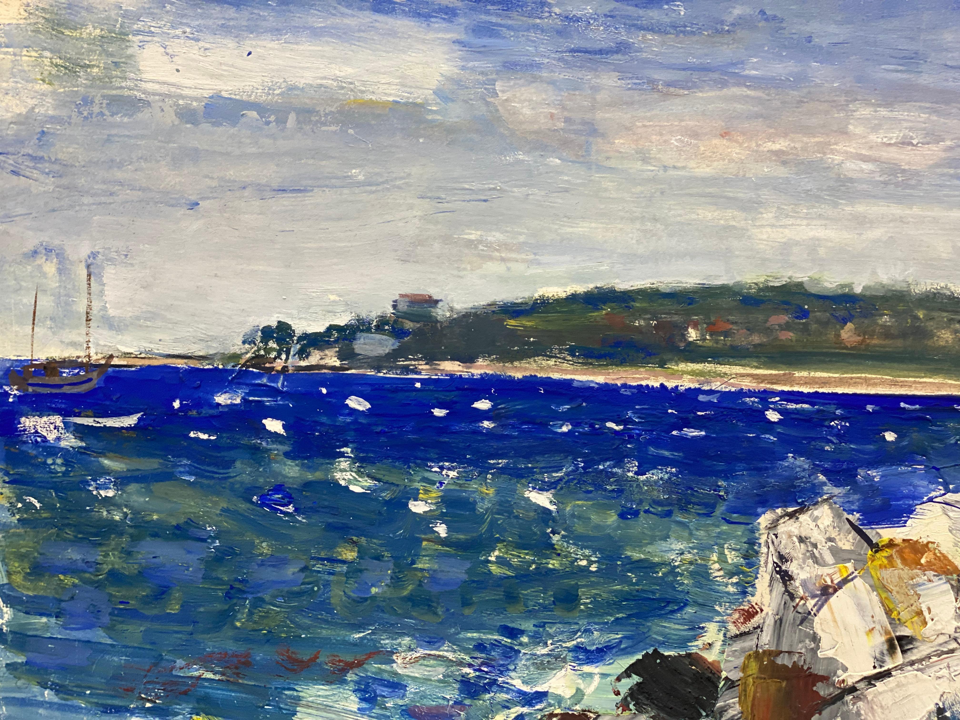 Französisches postimpressionistisches Gemälde aus der Mitte des Jahrhunderts, Französisches Meer über Felsen (Grau), Landscape Painting, von Unknown