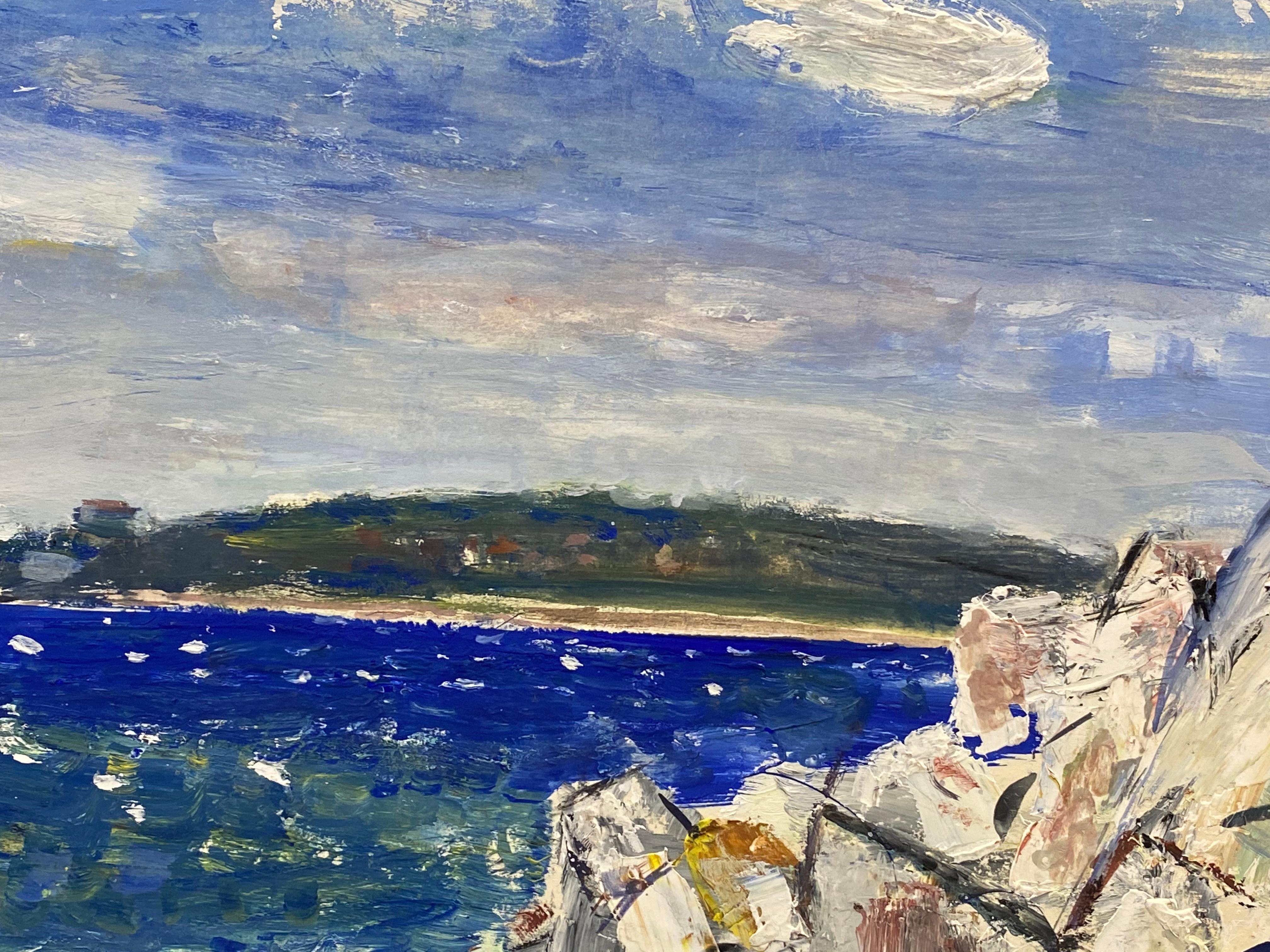 Französisches postimpressionistisches Gemälde aus der Mitte des Jahrhunderts, Französisches Meer über Felsen im Angebot 1