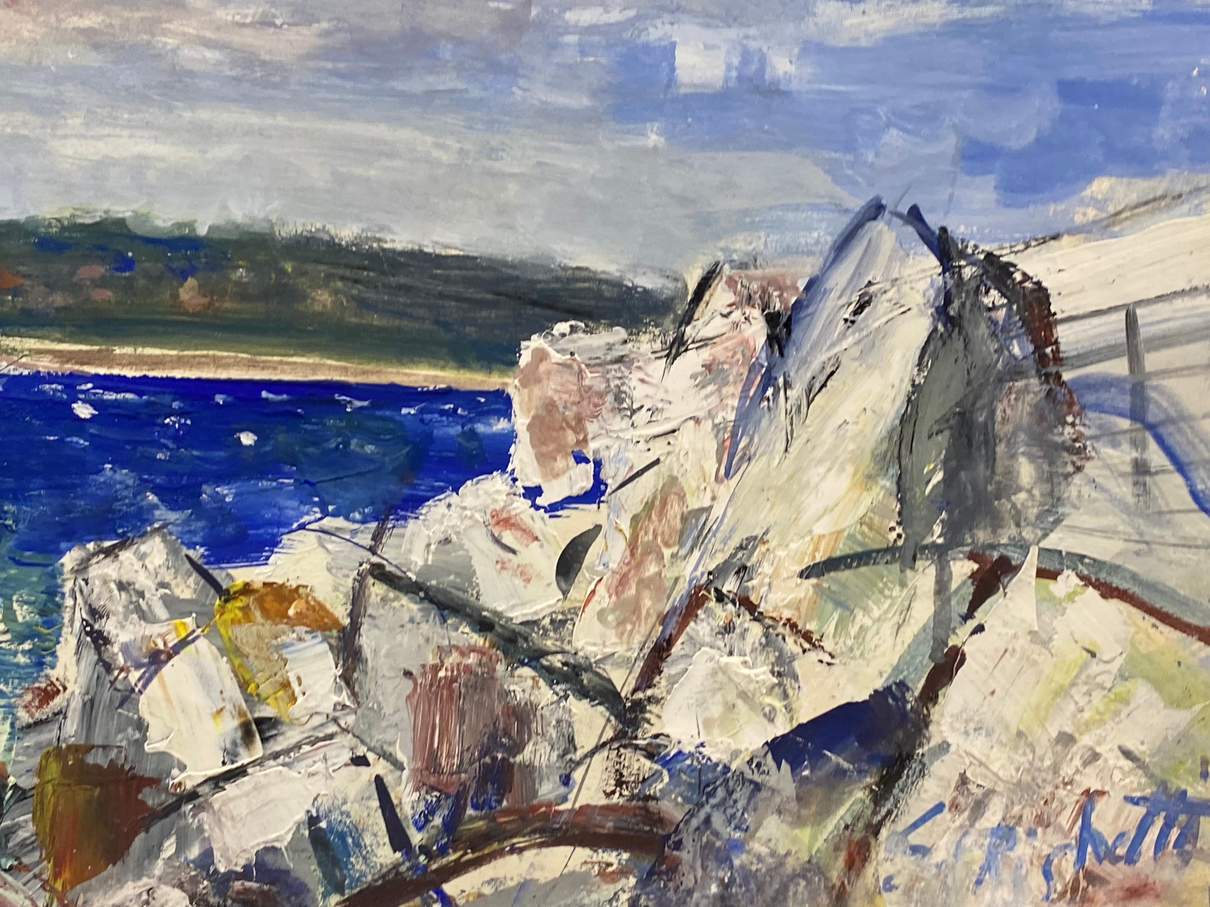 Französisches postimpressionistisches Gemälde aus der Mitte des Jahrhunderts, Französisches Meer über Felsen im Angebot 3