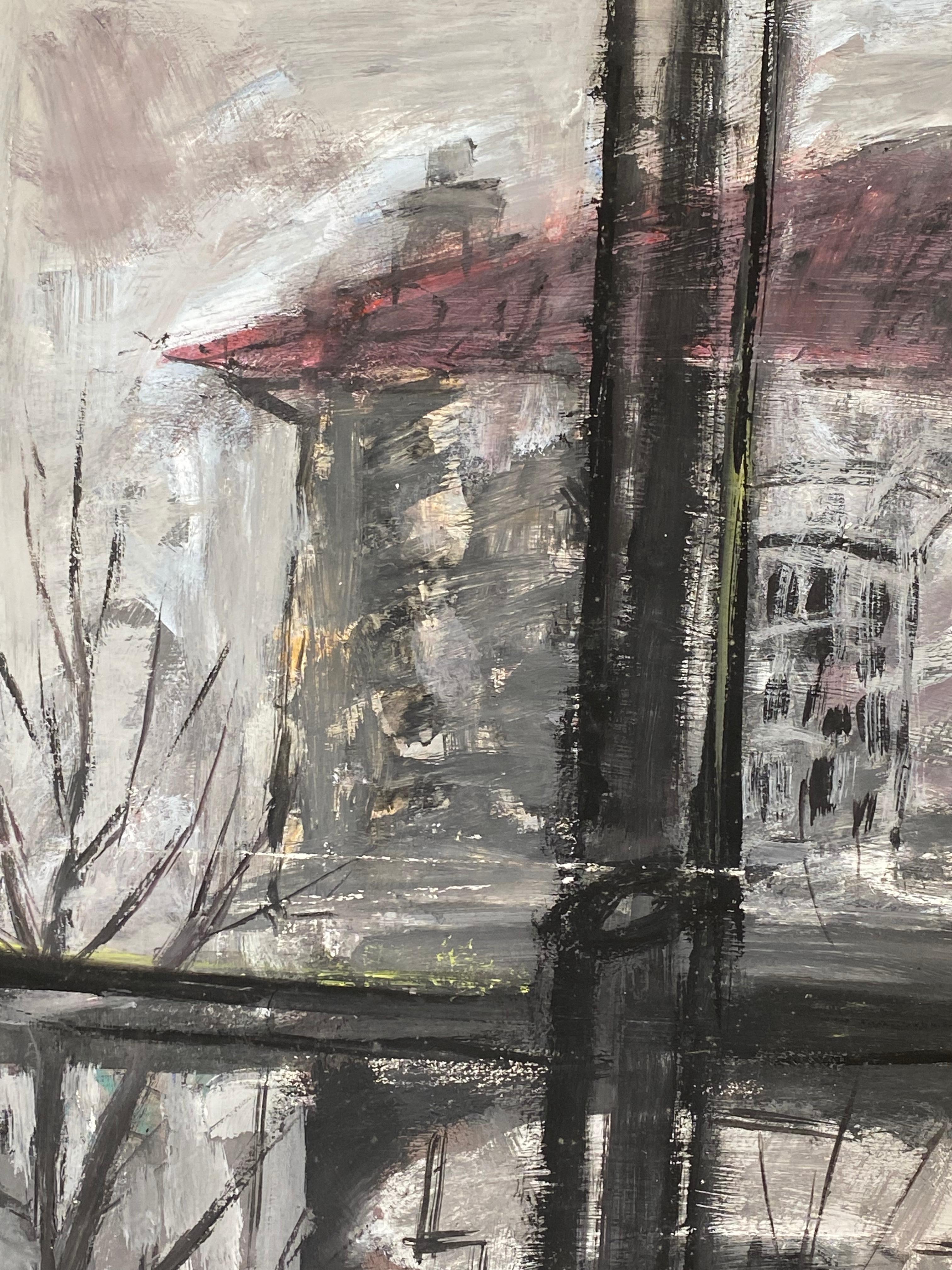 Quadro post-impressionista francese della metà del secolo, Cielo grigio attraverso la finestra - Interior Painting Grigio di Unknown