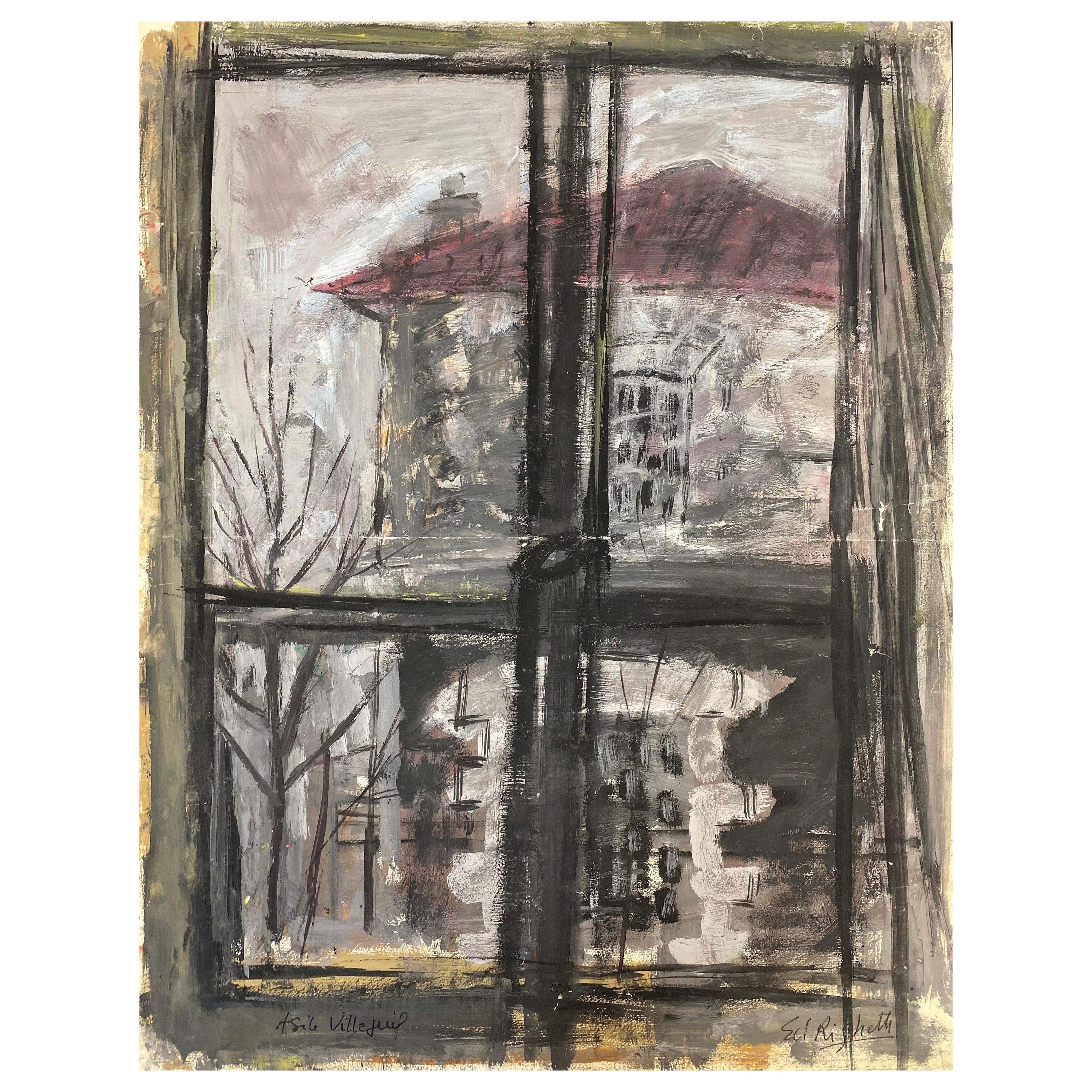Interior Painting di Unknown - Quadro post-impressionista francese della metà del secolo, Cielo grigio attraverso la finestra