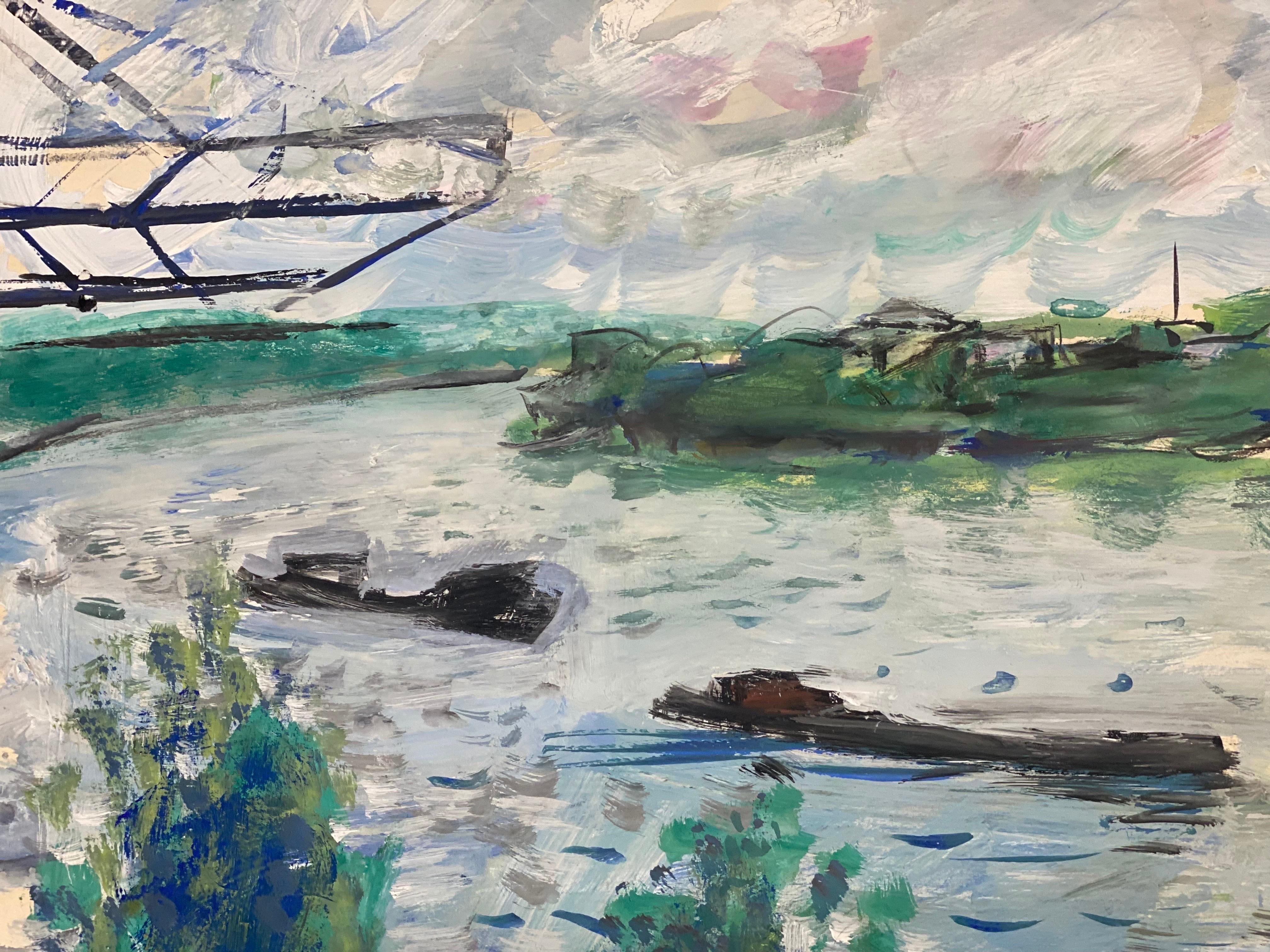 Mid Century French Post-Impressionist Painting, Vibrant Blue & Green Landscape - Gray Landscape Painting by Unknown