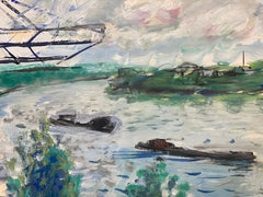 Mid Century French Post-Impressionist Painting, Vibrant Blue & Green Landscape