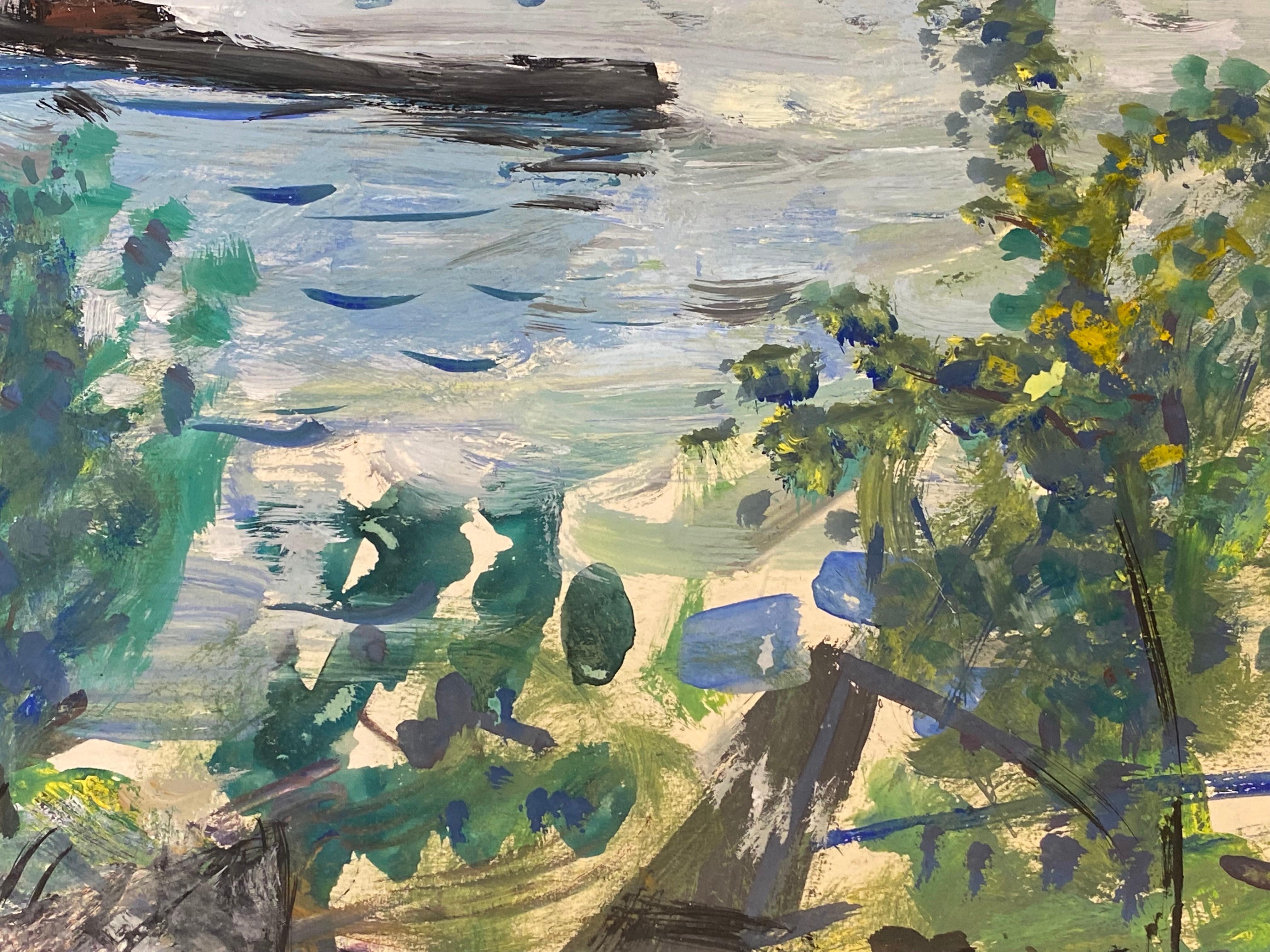 Mid Century French Post-Impressionist Painting, Vibrant Blue & Green Landscape For Sale 1