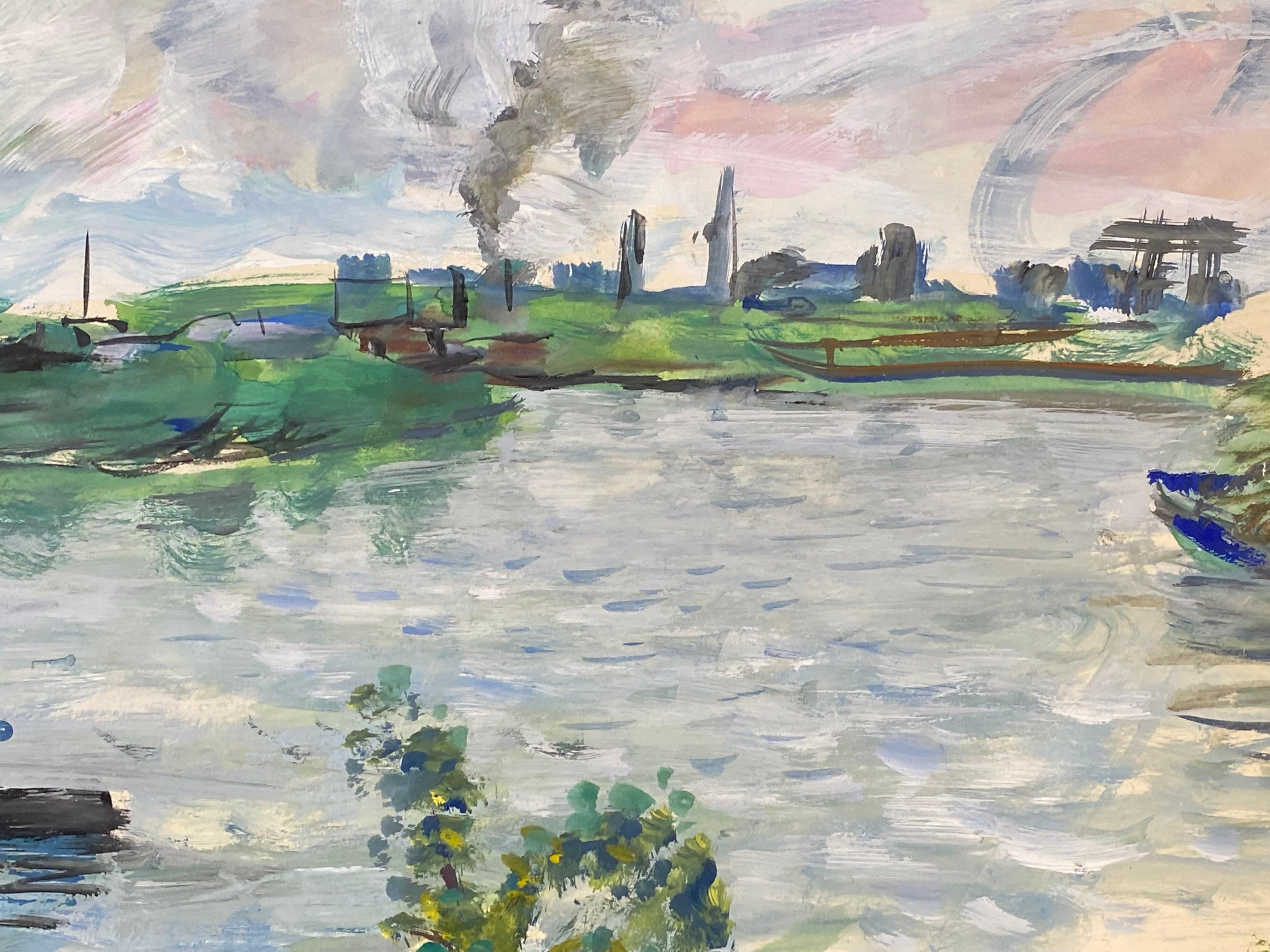 Mid Century French Post-Impressionist Painting, Vibrant Blue & Green Landscape For Sale 2