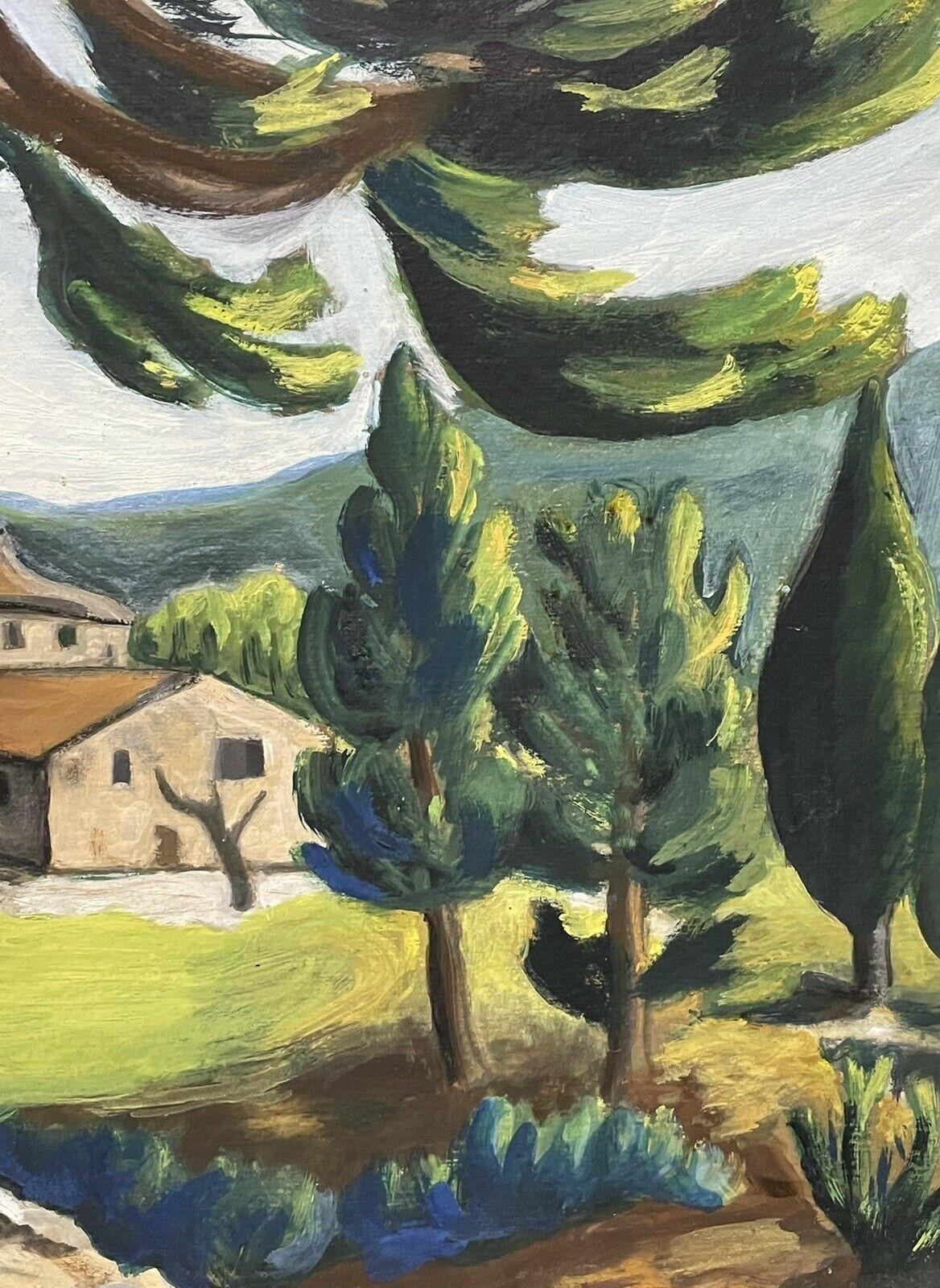 Artista/Scuola: Scuola francese, metà del XX secolo, firmato

Titolo: Paesaggio provenzale 

Media:  dipinto a olio su cartoncino, incorniciato 

Dimensioni:    cornice: 20,5 x 23,5 pollici       
         pittura: 15  x 18 pollici

Provenienza: