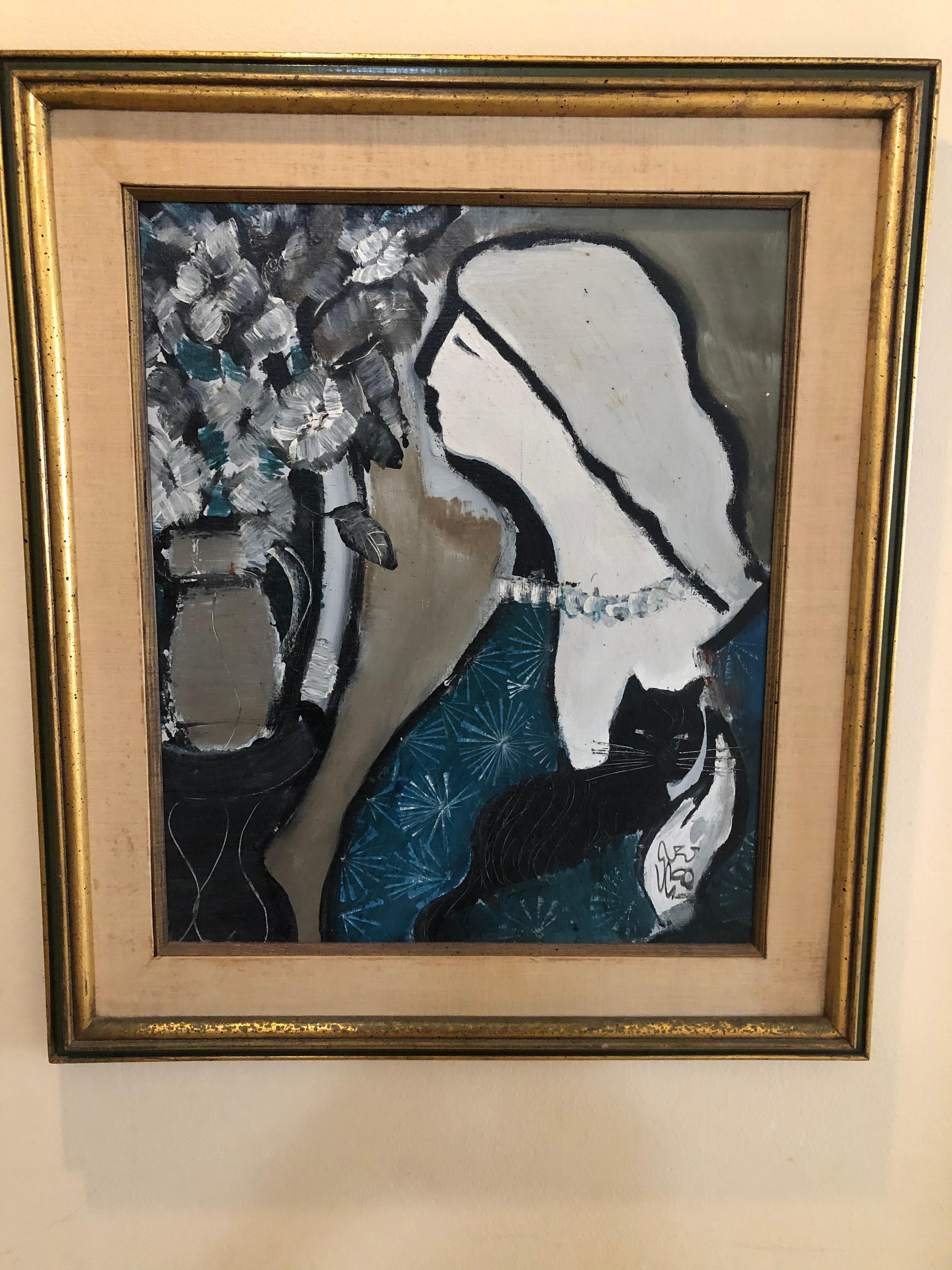 Mystery Signed Mid Century French School Woman with Cat - Painting by Unknown