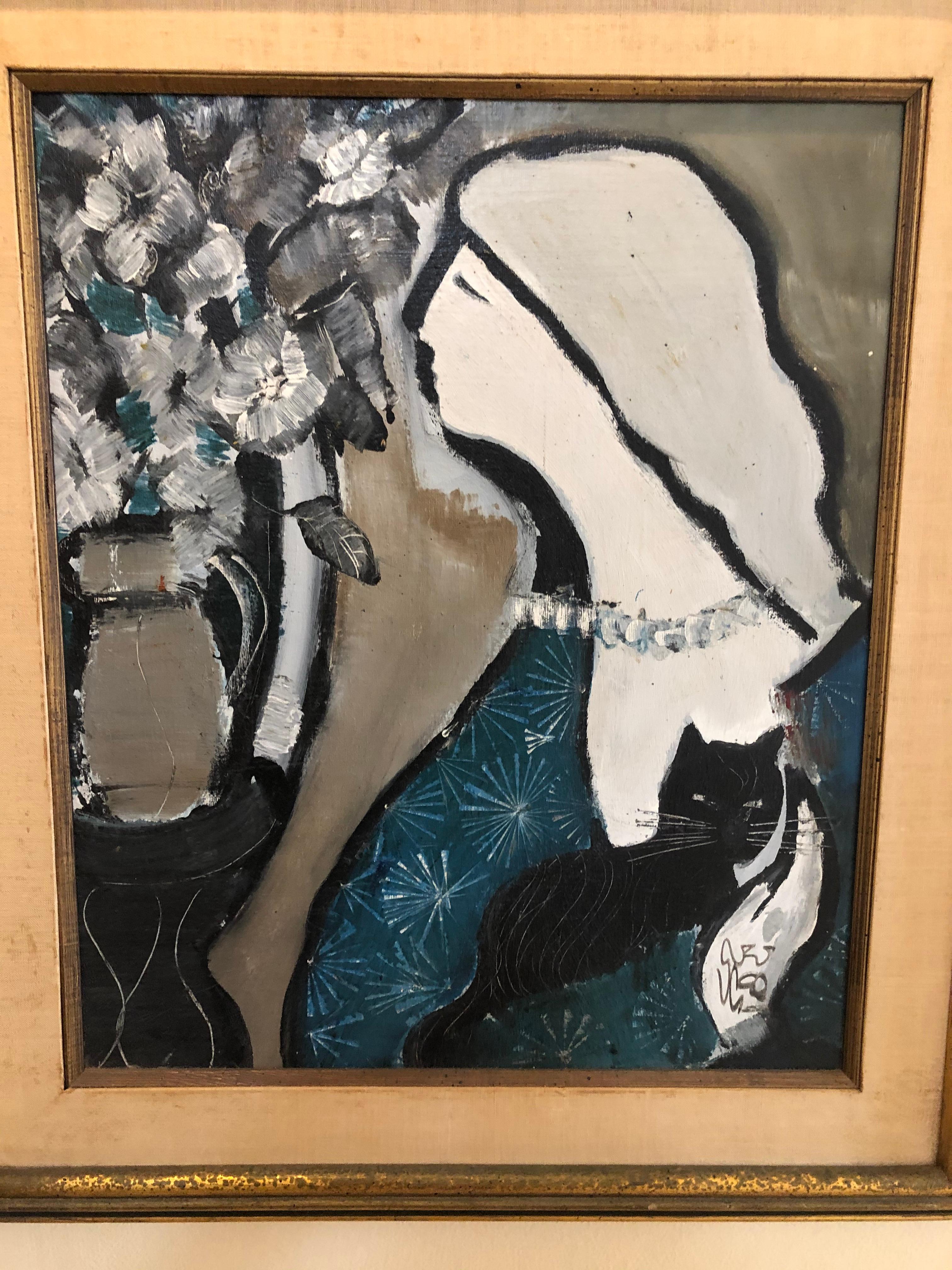 Mystery Signed Mid Century Französisch Schule Frau mit Katze