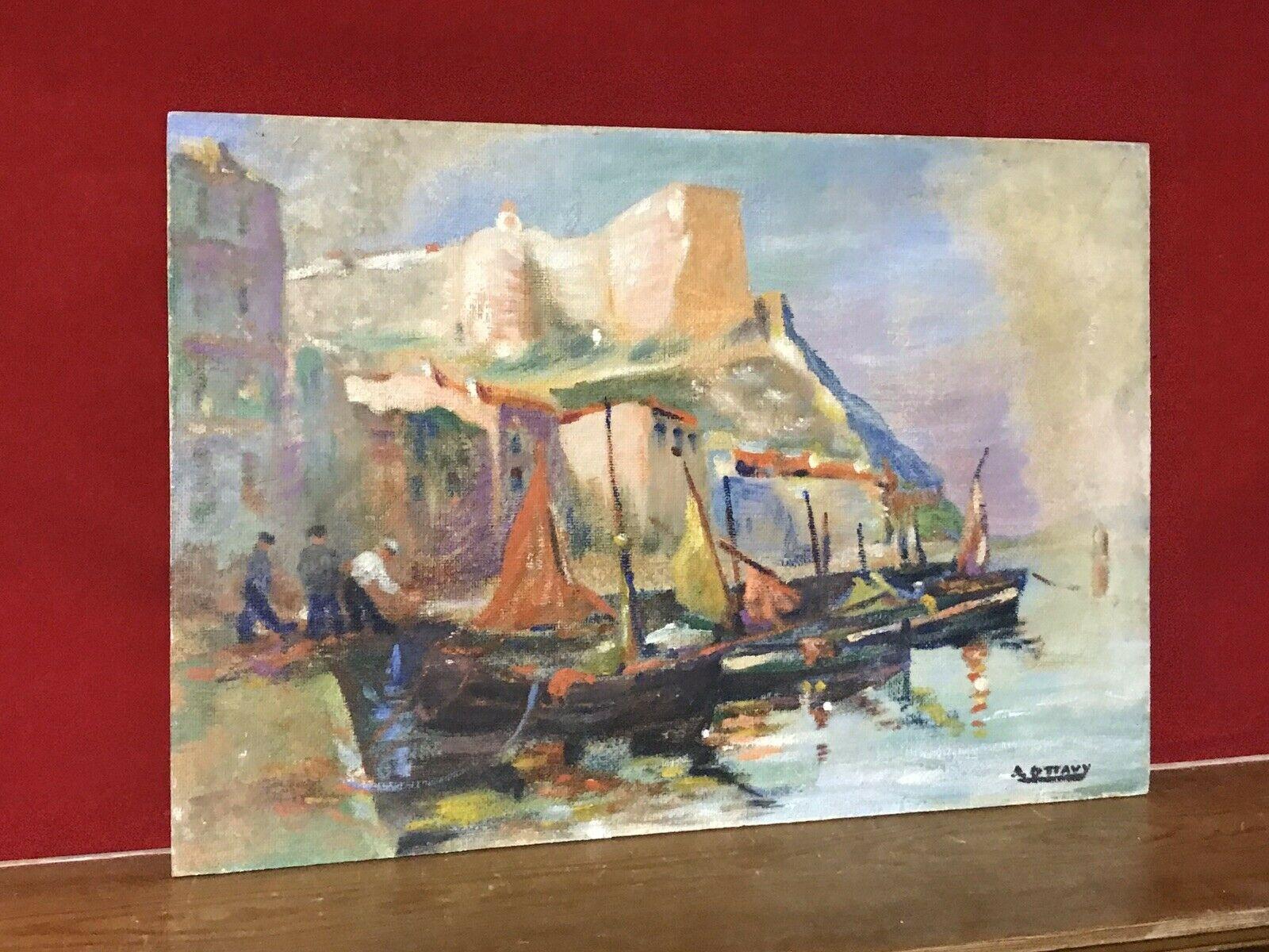 MID CENTURY FRENCH SIGNED OIL - FISHING BOATS MEDITERRANEAN HARBOUR TOWN - Painting by Unknown