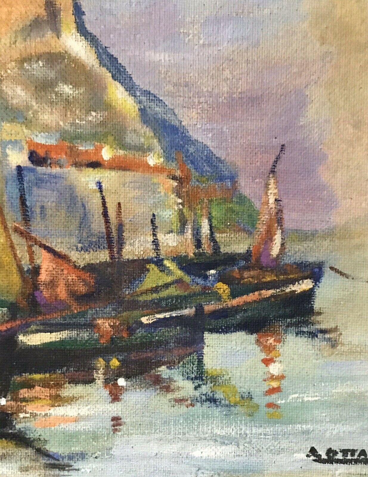 MID CENTURY FRENCH SIGNED OIL - FISHING BOATS MEDITERRANEAN HARBOUR TOWN For Sale 1