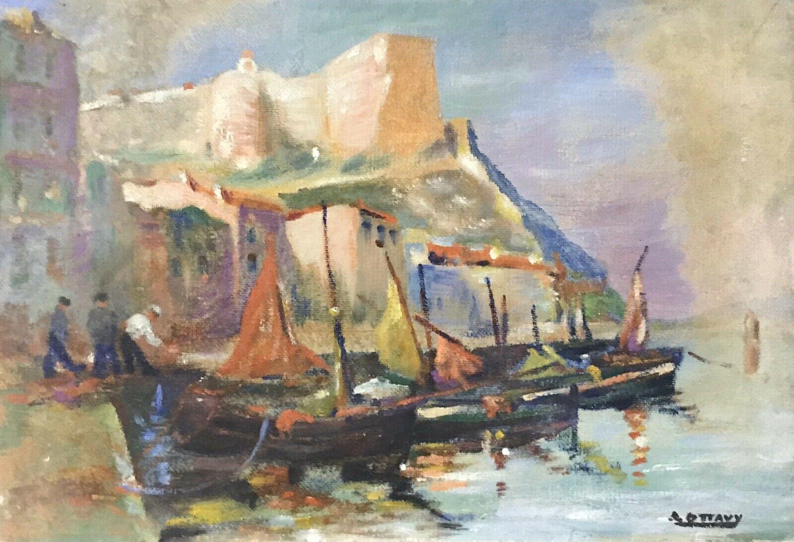 Unknown Abstract Painting - MID CENTURY FRENCH SIGNED OIL - FISHING BOATS MEDITERRANEAN HARBOUR TOWN