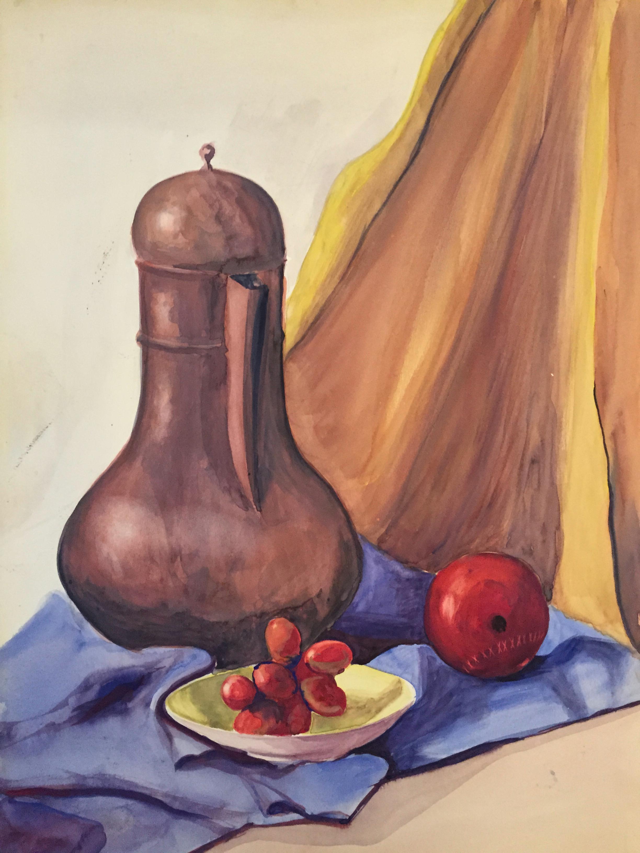 Unknown Still-Life Painting – Gouache-Gemälde „Früchtes-Stillleben mit Trauben“ aus der Mitte des Jahrhunderts